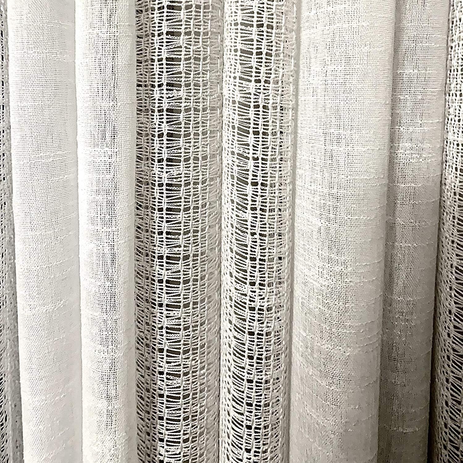 Ikiriska Extra Long Sheer Linen Curtain (1 Panel) Custom Made 12 13 14 15 16 17 18 20 24 ft 2 Story Gray, Beige, White,Cream Drapes (White with Macrame Stripes, 100″Wx120″L)