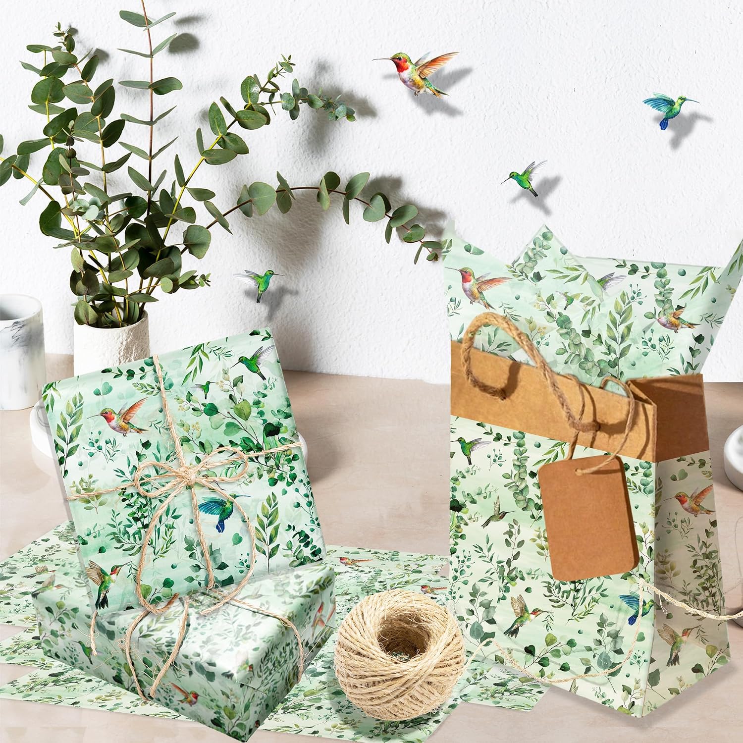 DodelyGz Eucalyptus Leaf Tissue Paper with Hummingbird Design, Green Botanical Pattern, 13.8x19.7 Inch, 60 Sheets