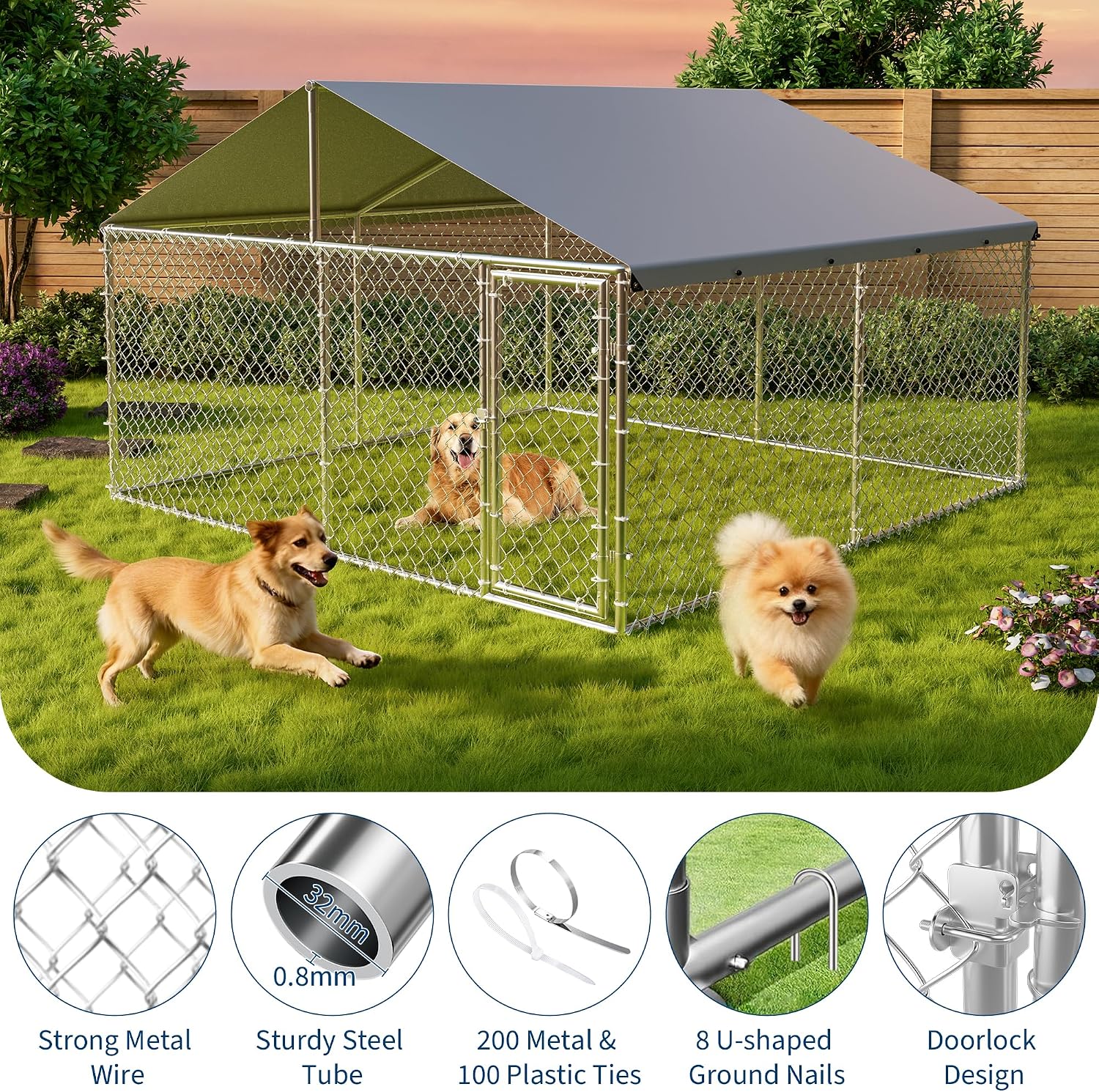 Garvee Outdoor Dog Kennel with Waterproof & UV-Resistant Cover, Galvanized Dog Enclosure, Large Dog Kennel for Outside Backyard Farm Use, 10x10x6ft