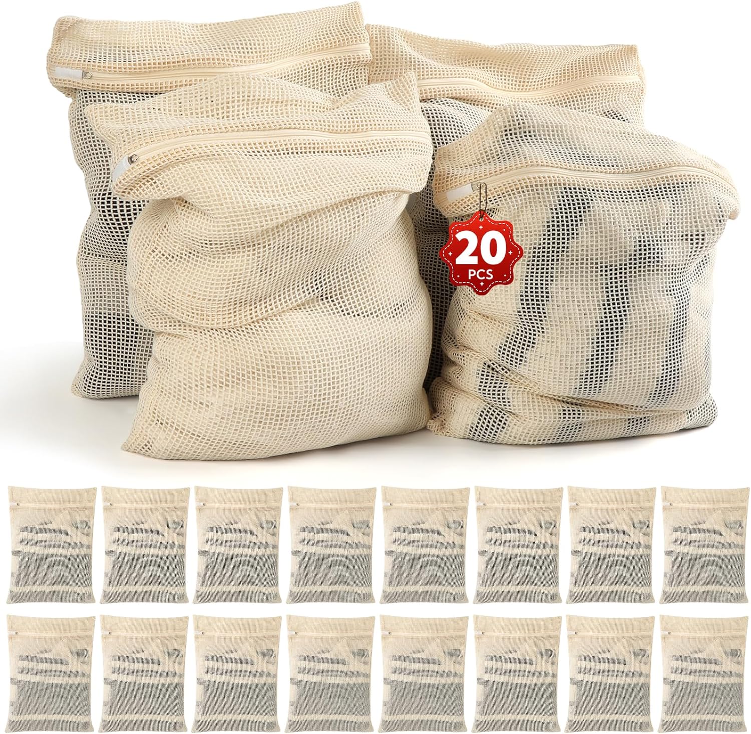 20-Piece Large Cotton Mesh Laundry Bags Set with Zipper, Delicates Wash Bags for Bras, Underwear, Socks, Shoe Wash Bag, Breathable Garment Bag for Washing Machine & Storage, Laundry Room Organization