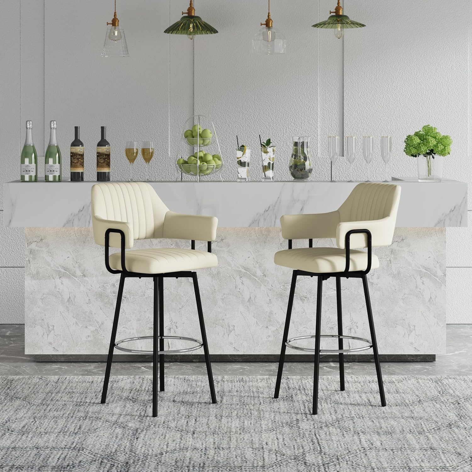 Swivel Bar Stools Set of 2, Counter Height Bar Stools with Ergonomic Full Back, Upholstered Linen Fabric Barstools (White-PU, 30" Bar Height)