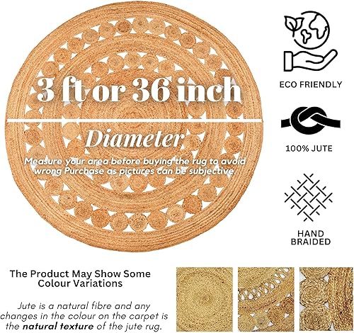 Miniatura 4 de Alfombra de Área de Yute Tejida a Mano - 3' Redonda - Alfombras Rústicas Beige Reversibles Estilo Granja para Sala de Estar, Dormitorio, Cocina -