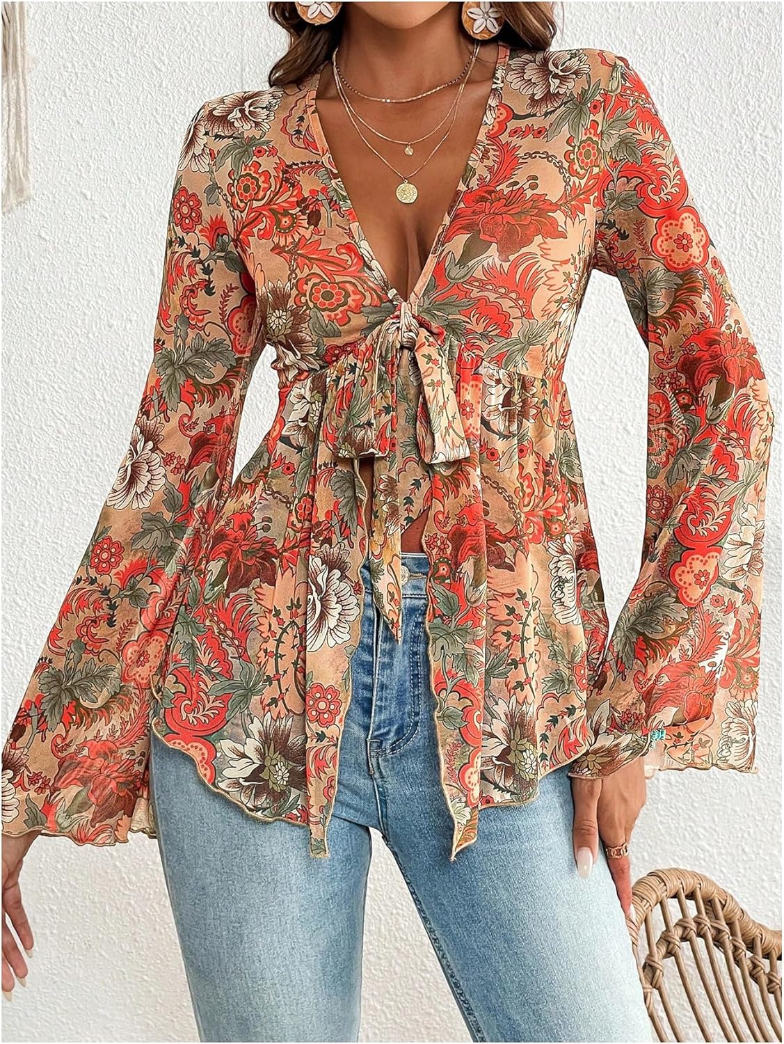 GORGLITTER Women's Bell Sleeve Tops Tie Front Sheer Mesh V Neck Ruffle Peplum Blouse Top
