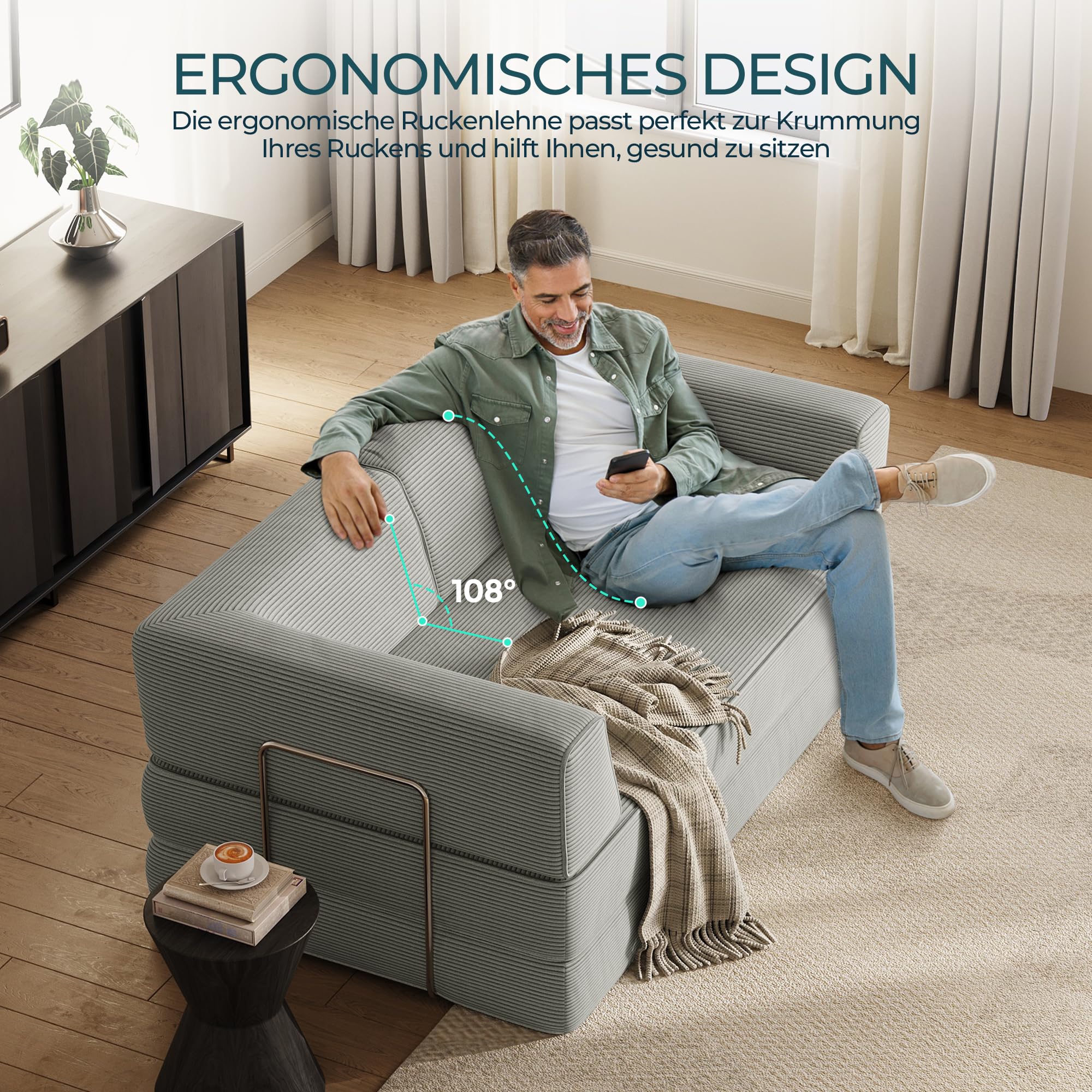 LINSY HOME Sofa z funkcją spania – sofa podłogowa z poduszką na plecy – rozkładana sofa do spania o szerokości 160 cm – tkanina sztruksowa do salonu, sypialni