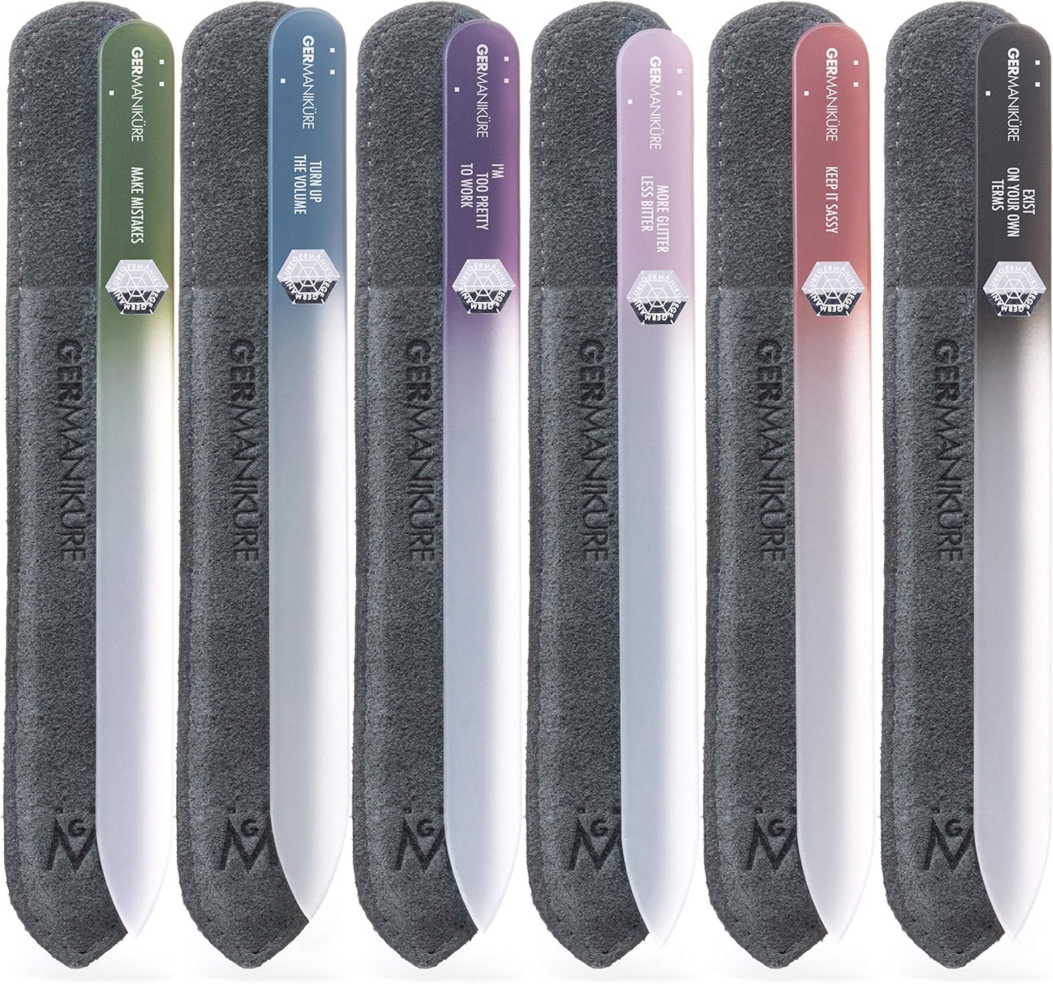 GERMANIKURE Czech Crystal Glass Nail File 6 Pack in Suede Leather Case - Professional Manicure & Pedicure Products for Smooth Easy Shaping of Natural Nails