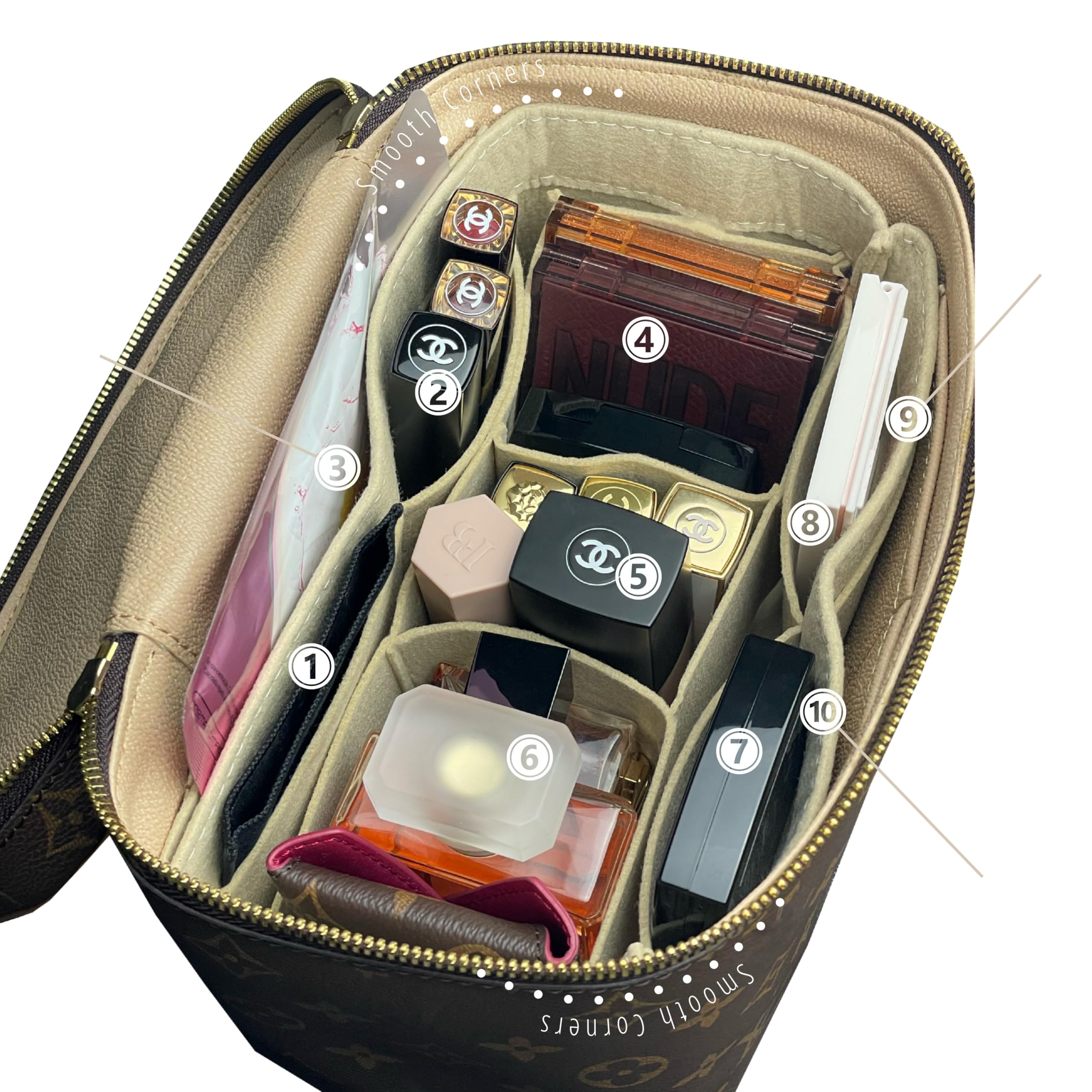 Divitize Organizer premium kompatybilny z LV Nice BB/Mini/Nano/Vanity Case - Miękki filc, dopasowany wzór, wyjmowana torba środkowa, 24 kolory (kremowy, ładny BB)