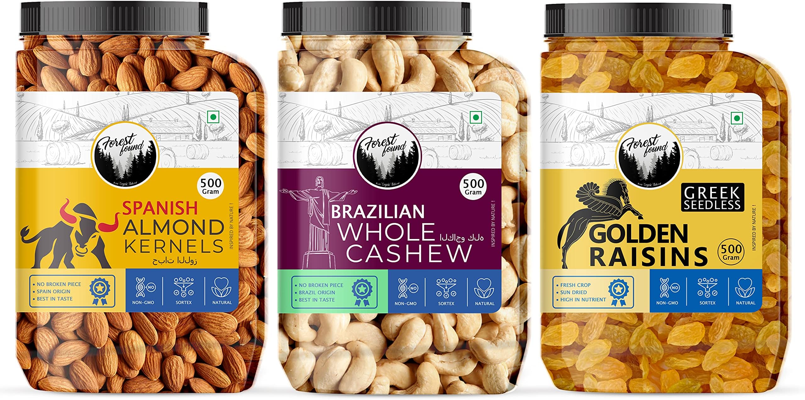 Dry Fruits Combo (1.5kg Pack of 3) | Spanish Almonds, Brazilian Cashews & Greek Golden Raisins (500g Each) | Whole Jumbo Nuts & Seedless Raisins | Healthy Festive Gift Pack