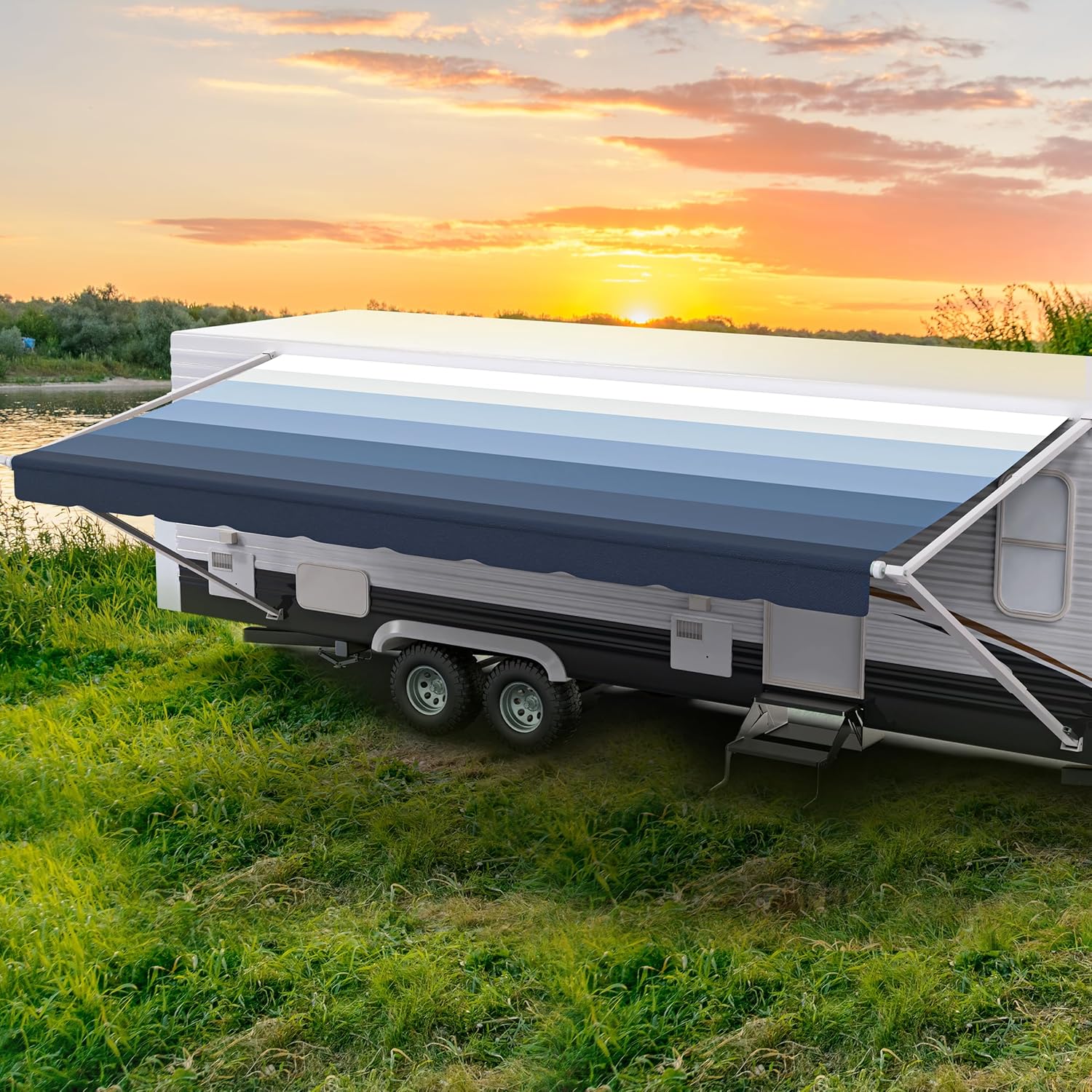 ShadePro Heavy Duty Weatherproof Vinyl RV Awning Fabric Replacement - Pacific Blue - 20' (Fabric 19' 2')