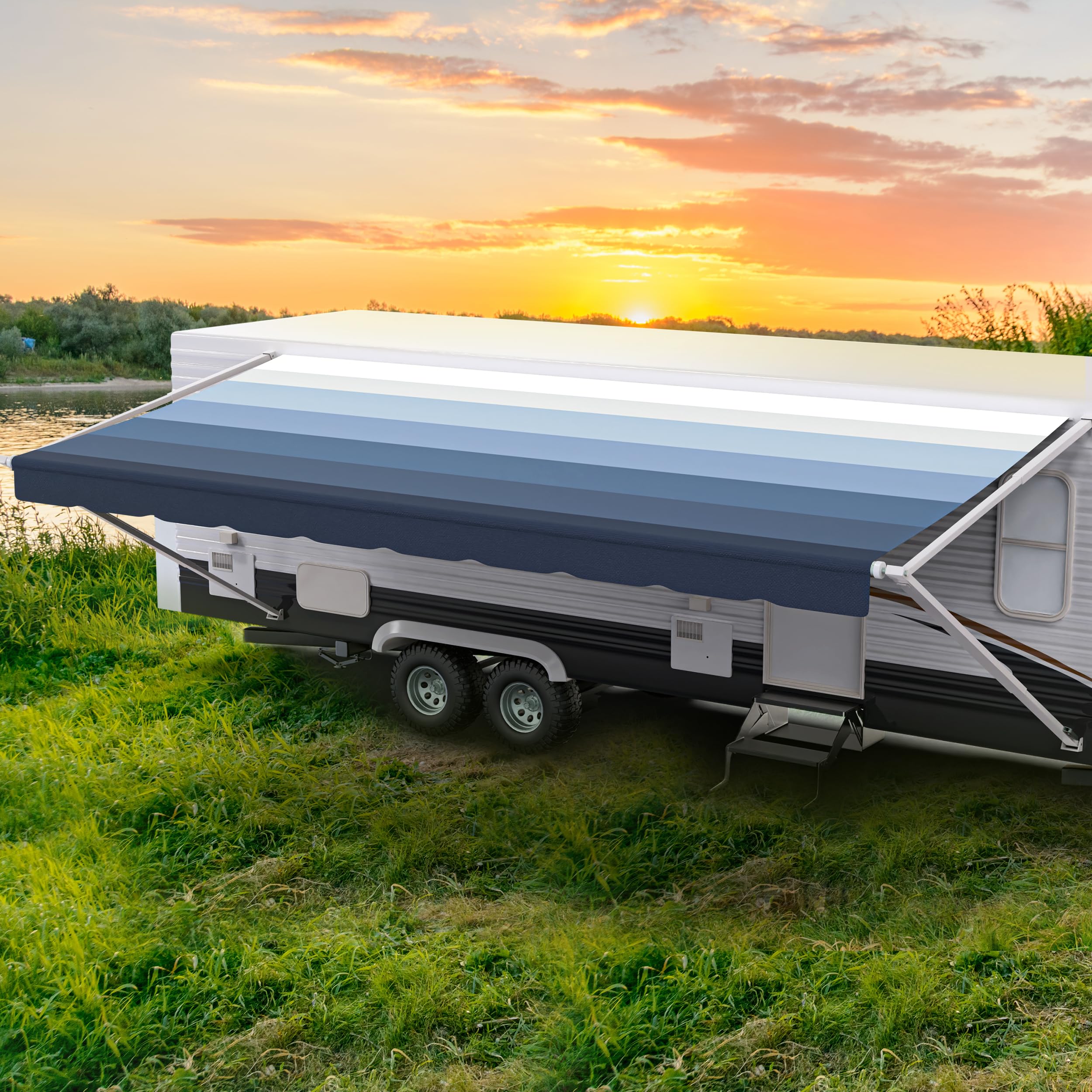 ShadePro Heavy Duty Vinyl RV Awning Fabric Replacement - Pacific Blue - 15' (Fabric 14'2')