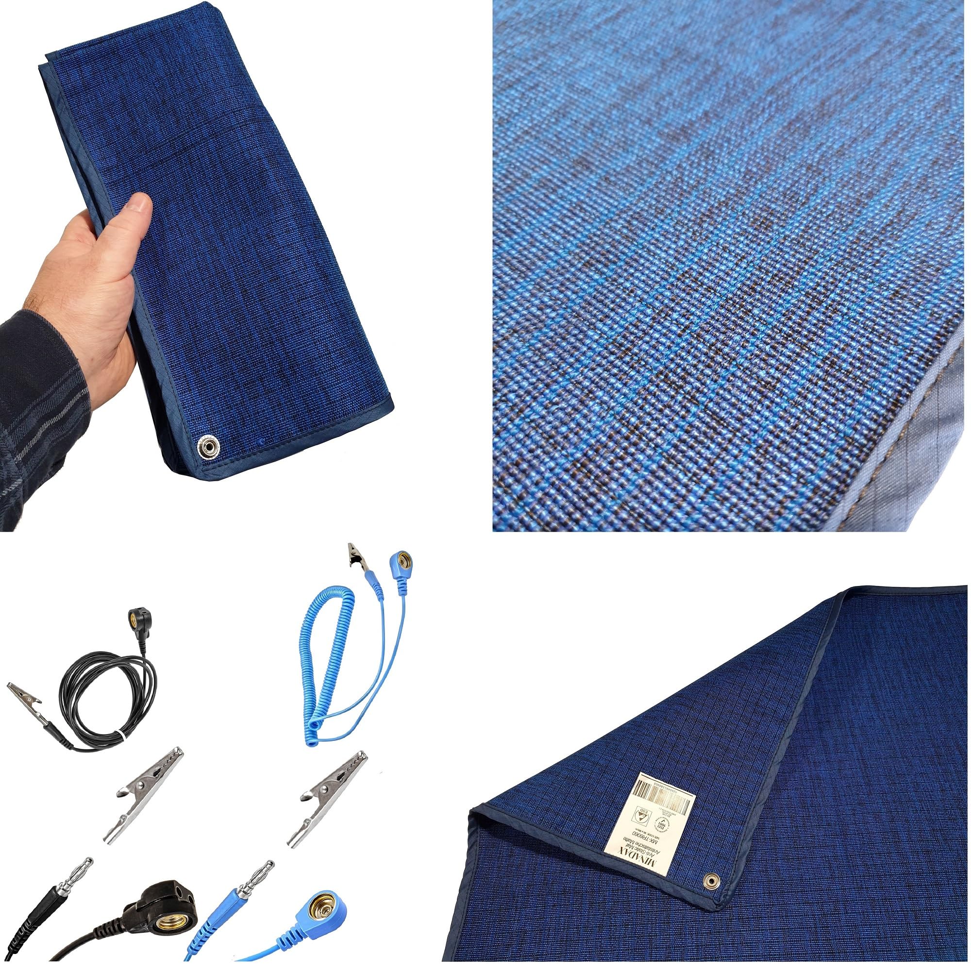 Minadax 120 x 60 cm blauw antistatische ESD computermat tafelmat Premiumkwaliteit incl. manchet 2,4m verlenging ESD aardingsstekker handschoen