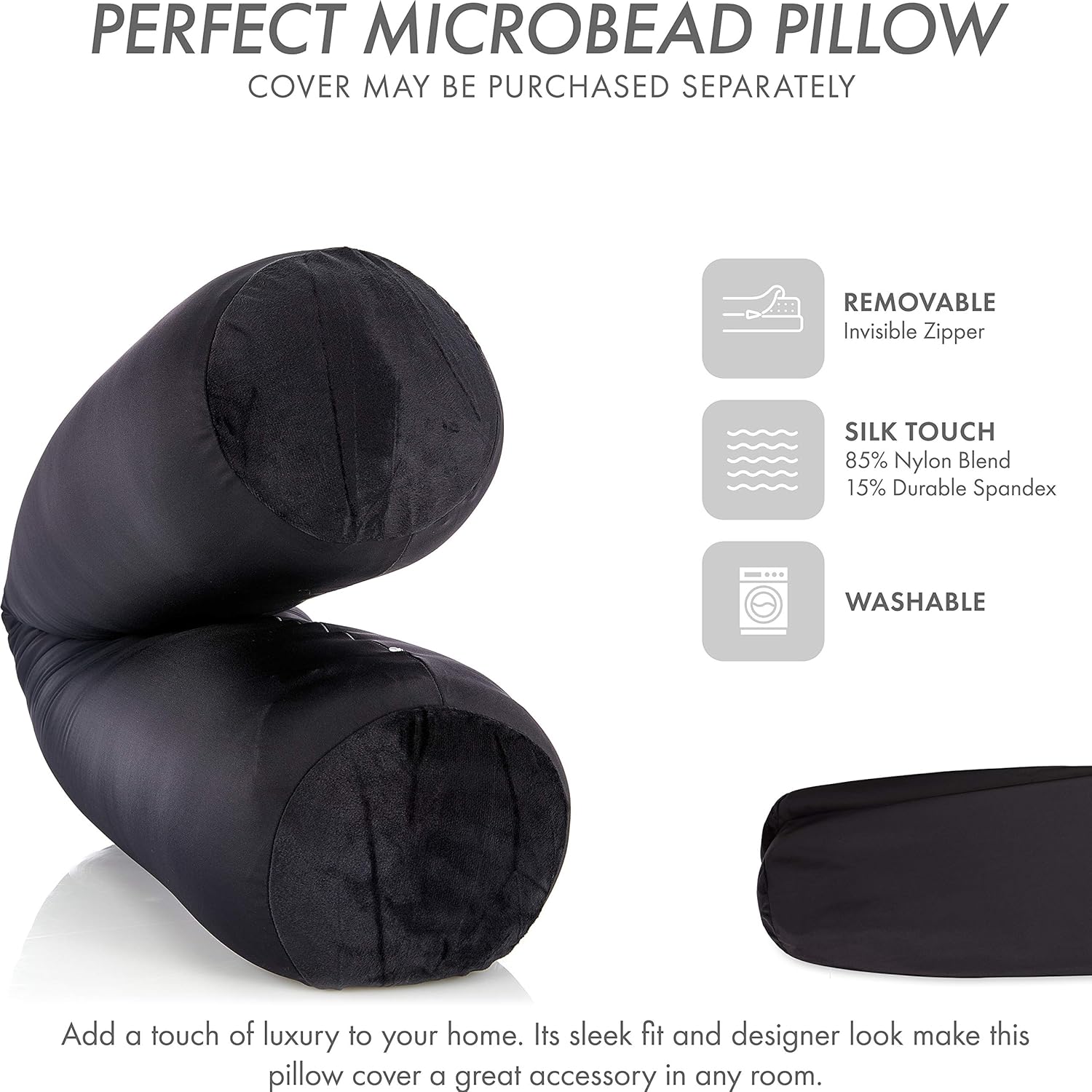 Straight Body Pillow, Full Size Premium Microbead,Side Sleeping/Maternity Pregnant Women, Supportive,Fluffy, Breathable, Cooling, 85/15 Spandex/Nylon Silky Feel Anti-Aging - 48 X 8 - Black