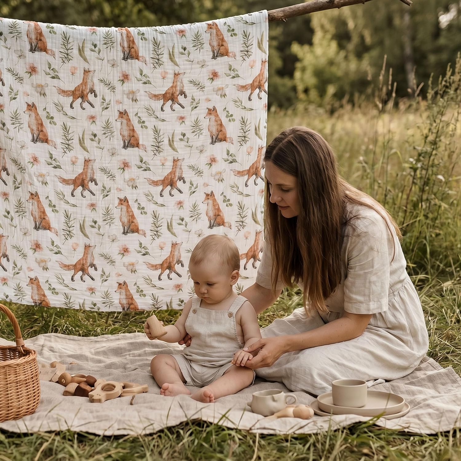Muslin Swaddle Blankets for Newborn, 4 Pack Breathable Soft Receiving Blanket, Large 38 x 40 inches Swaddle Wrap Burping Clothes, Essentials Infant Shower Items, Toddler Gift (Forest Fox)