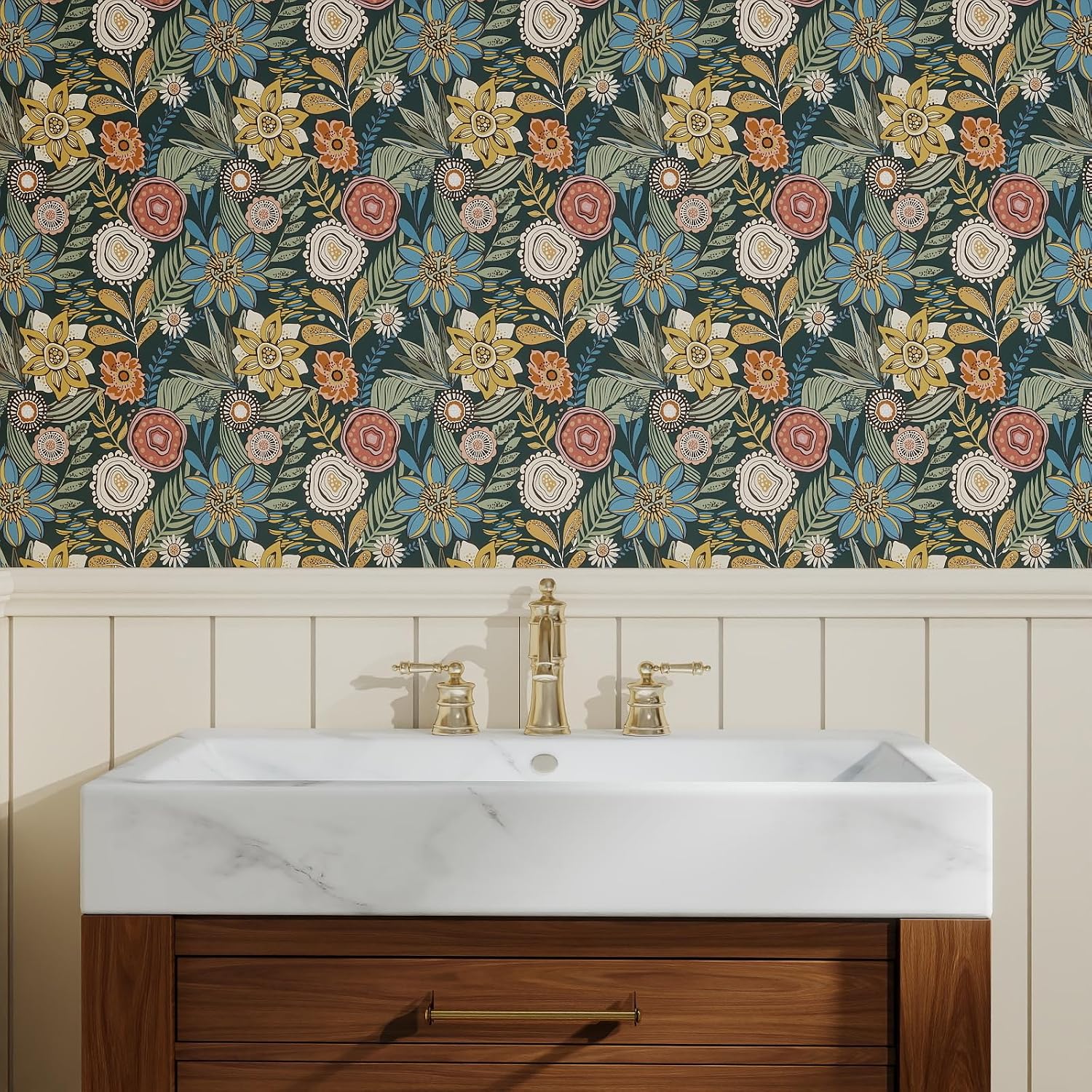 15.7" x 393.7" Boho Peel and Stick Wallpaper Navy Blue Vintage Floral Contact Paper Removable Boho Flower Removable Self Adhesive Wall Paper for Cabinets Bedroom Wall Decorative