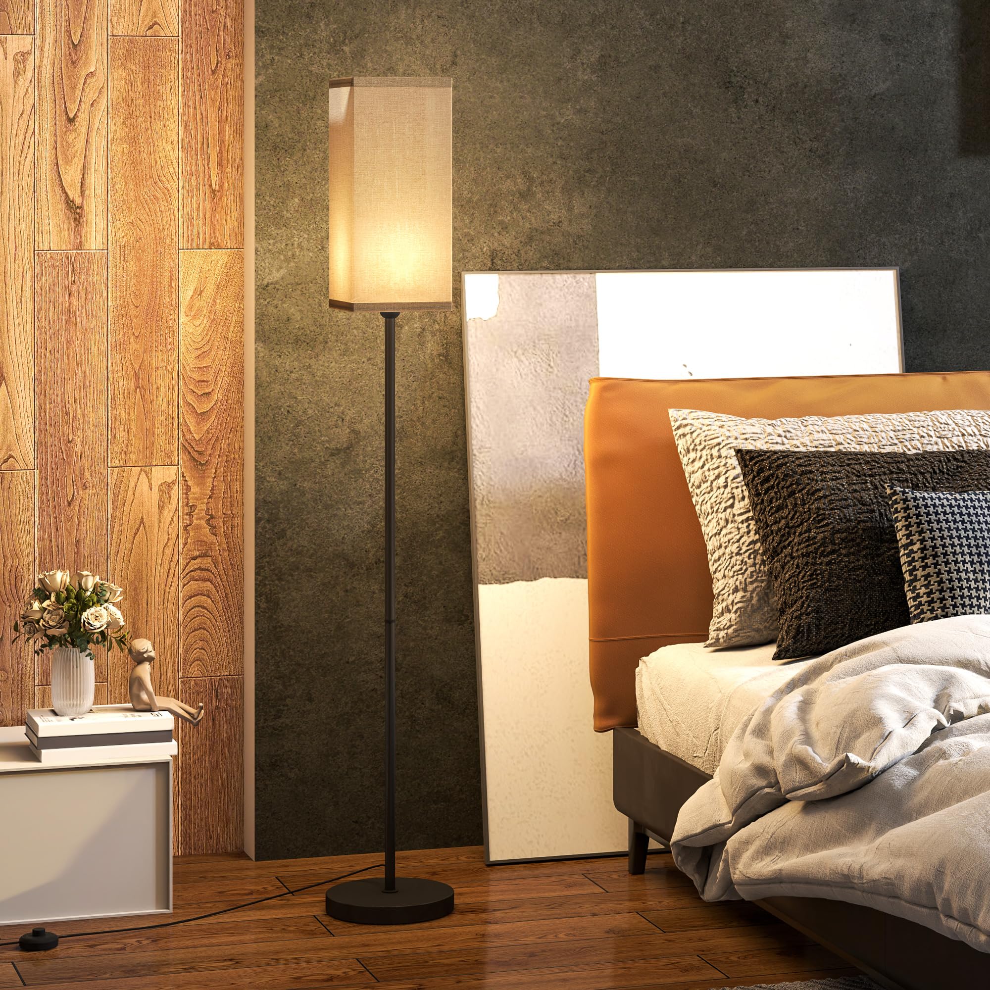HOMCOM Lampadaire sur pied salon, lampe salon sur pied, avec abat-jour beige effet lin, interrupteur, pour chambre à coucher, noir