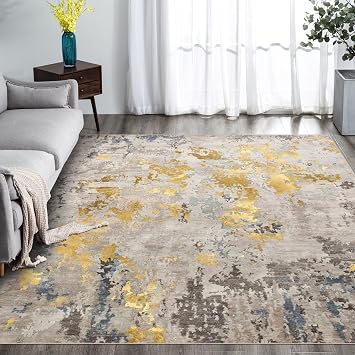 vivorug Washable Rug, Ultra Soft Area Rug 8x10, Non Slip Abstract Rug Carpet, Stain Resistant Rugs for Living Room Bedroom, Modern Fluffy Rug Grey/Mustard, 8x10