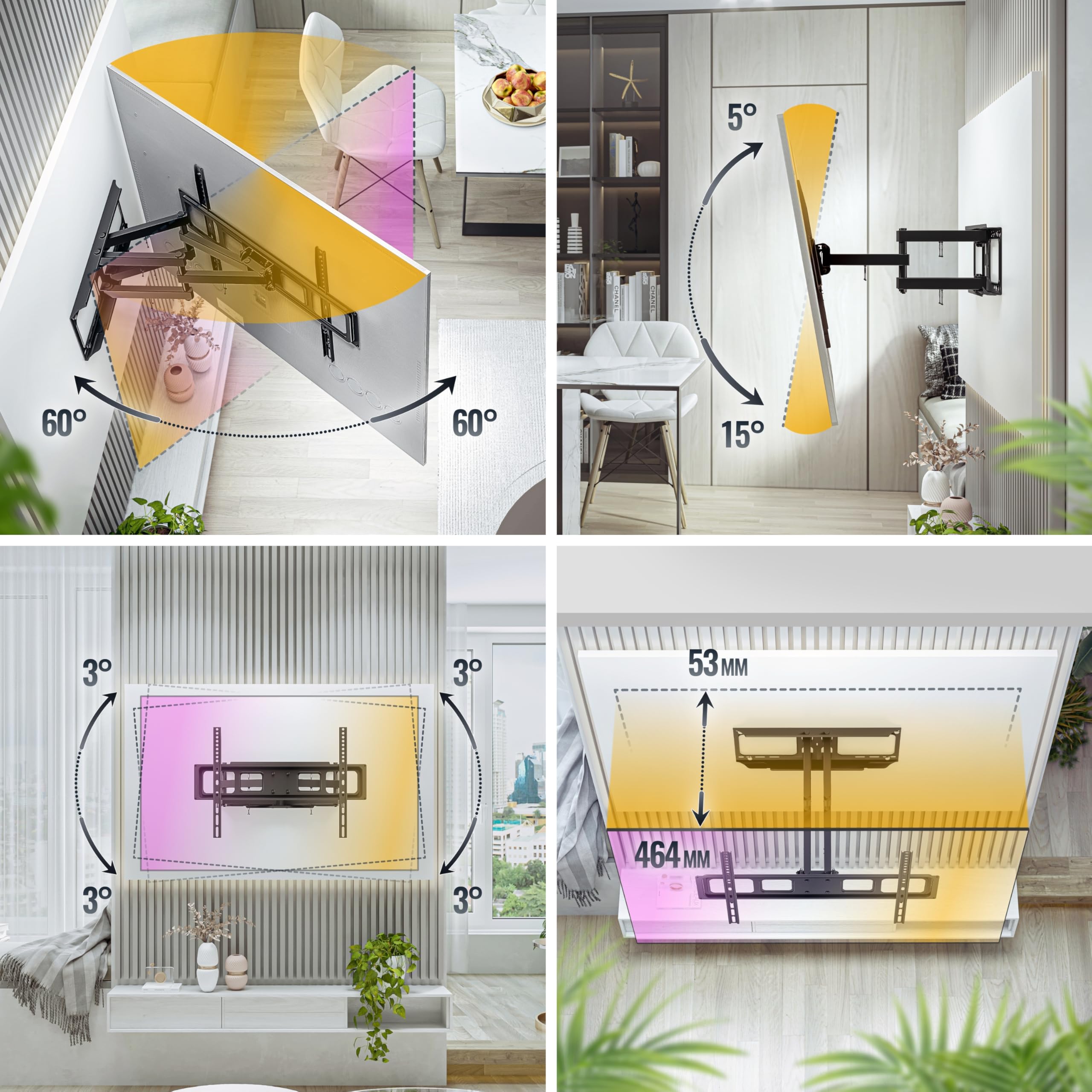 RICOO S5264 Support Mural TV 40 42 43 48 50 55 58 60 65 Pouces VESA 300x200 à VESA 600x400 Orientable Inclinable Rotatif Universel Fixation Murale TV QLED OLED LED LCD Écran incurvé