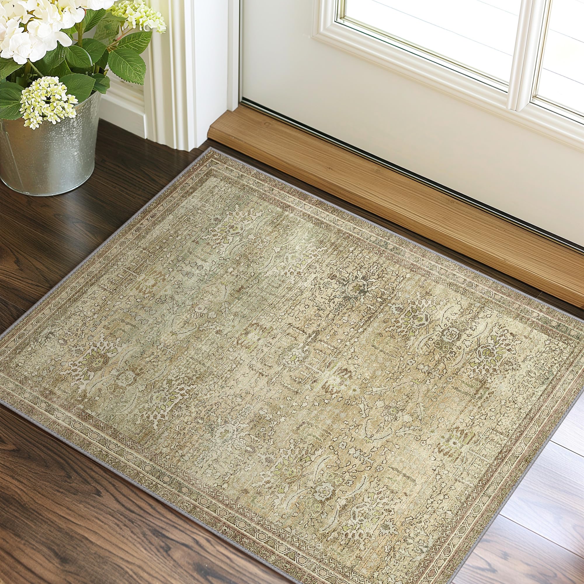 GENIMO2x3 Area Rugs for Living Room, Machine Washable Boho Vintage Rug Non Slip, Printed Thin Low Pile Lightweight Chenille Carpet Rugs for Bedroom, Dining Room, Home Office, Taupe