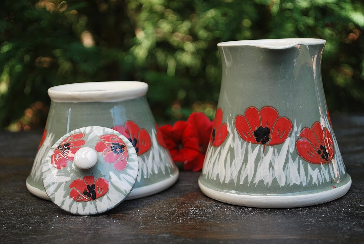 Handmade, hand painted, one-of- a kind ceramic art creamer set with poppy seeds