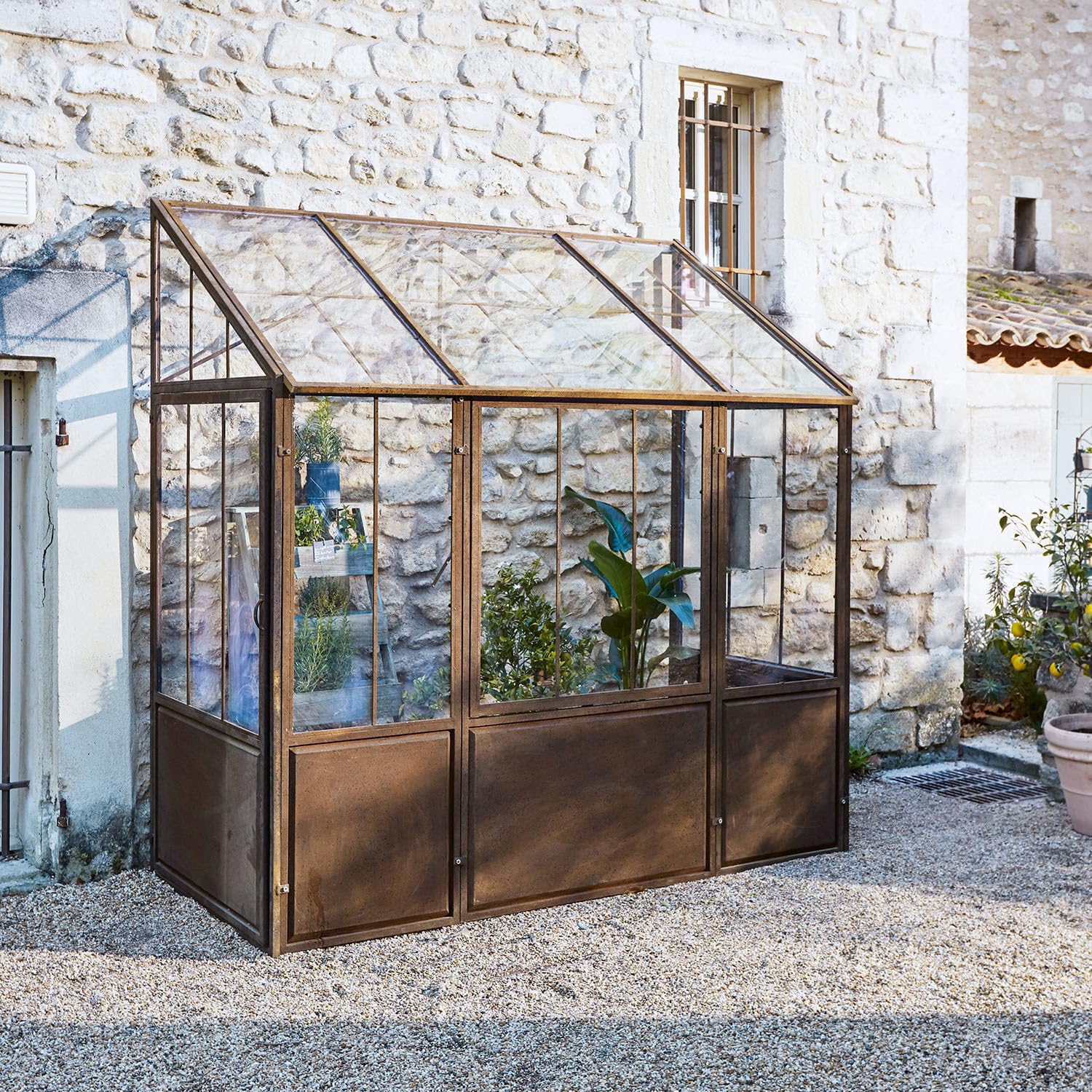 Loberon Gewächshaus Essone - antikbraun | mit Großem Fenster & Seitentüren - Wetterfest & Frostresistent - Authentisches Antik-Design - Gartenzubehör - Outdoor
