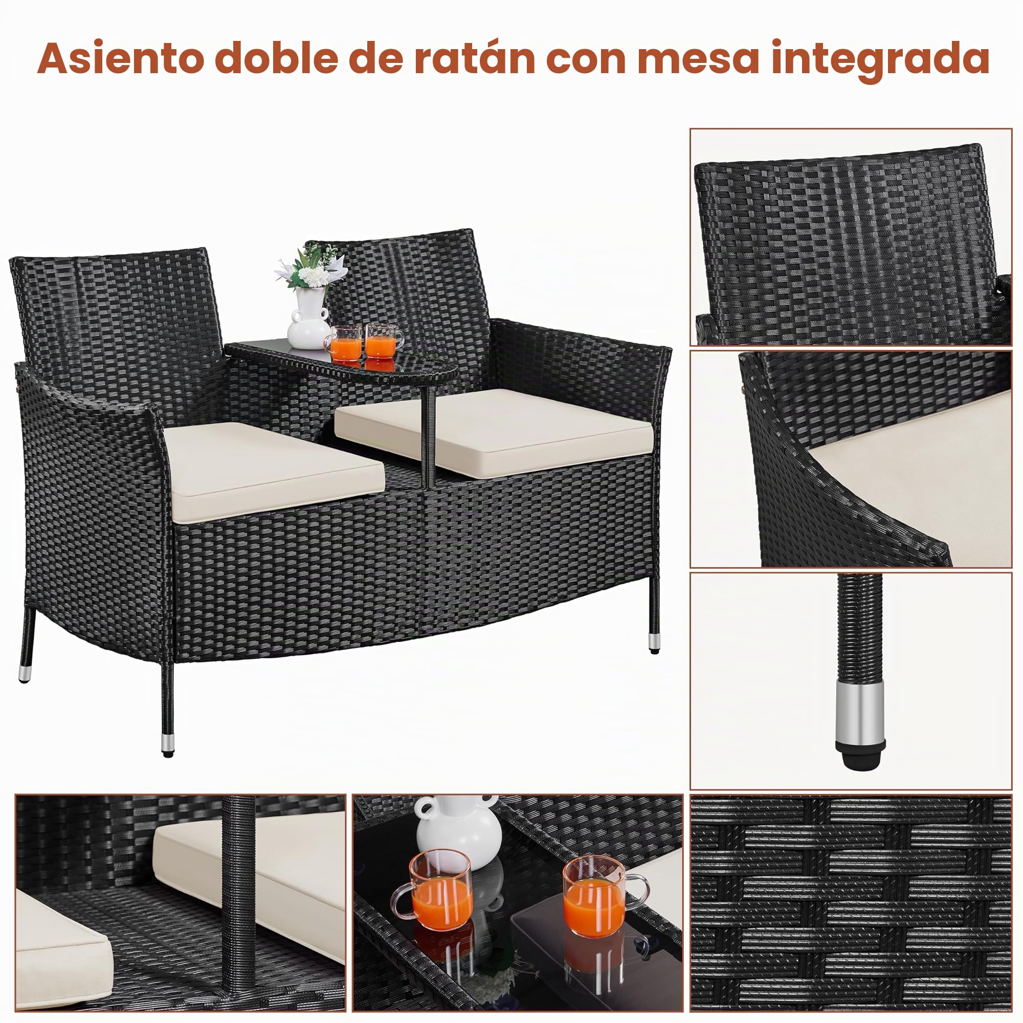 Yaheetech Banco de Jardín de Ratánde 2 Plazas con Mesa Auxiliar y Cojines | Muebles de Jardín ,Carga de175 kg, 131x65.5x85 cm, Negro/Beige