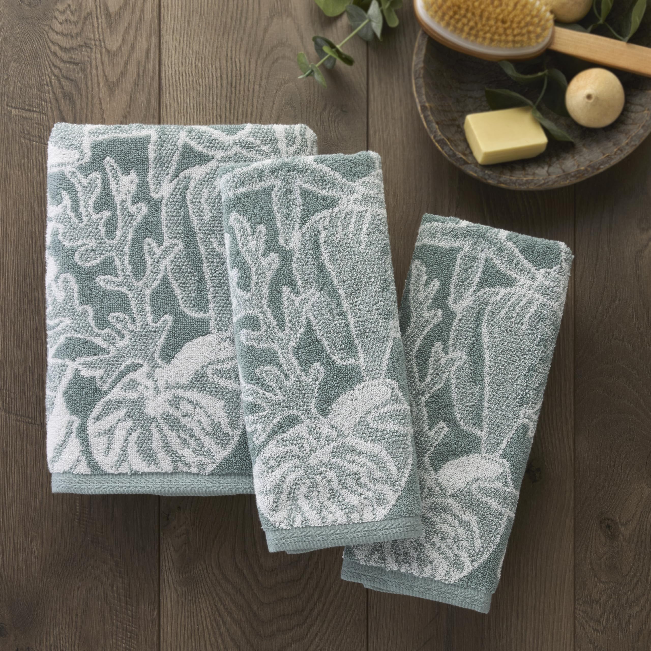 SKL Home South Seas Shell - Set di 2 asciugamani in 100% cotone premium, 550 g/m², reversibile, in jacquard, morbidi e assorbenti, tropicale, costiero, spiaggia, resort, per bagno, cucina, bar e