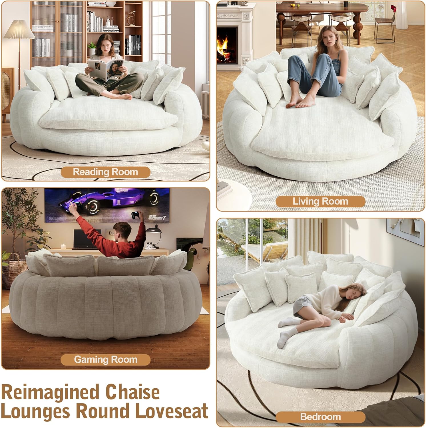 81.1" Cloud Couch Sleeper Sofa, Oversized Round Chaise Lounge Chair Indoor, Modern Chenille Boneless Couch with 14 Pillows, Upholstered Barrel Daybed, Memory Foam Sofas for Living Room, Beige