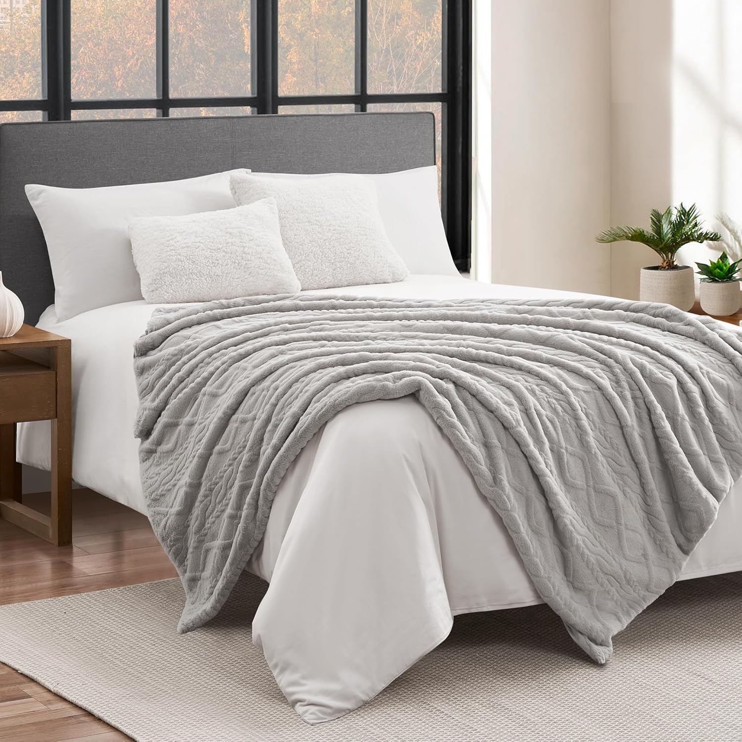 Lucky Brand Embossed Cable Rabbit Faux Fur Throw Blanket - Grey - 50"X70" - Plush & Soft - Image 5