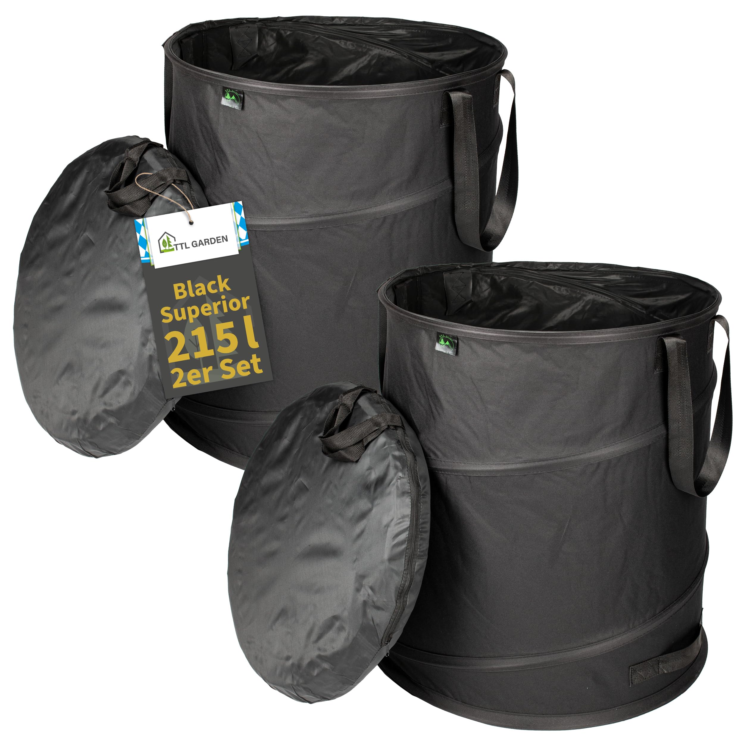 TTL GARDEN BLACK SUPERIOR 2x 215L Pop Up Gartensack - DOPPELTER BODEN 260gsm extra stabil 600D Oxford 2er Set 215 Liter Gartenabfallsack Laubsack faltbar Grünschnitt Garten Abfall selbstaufstellend
