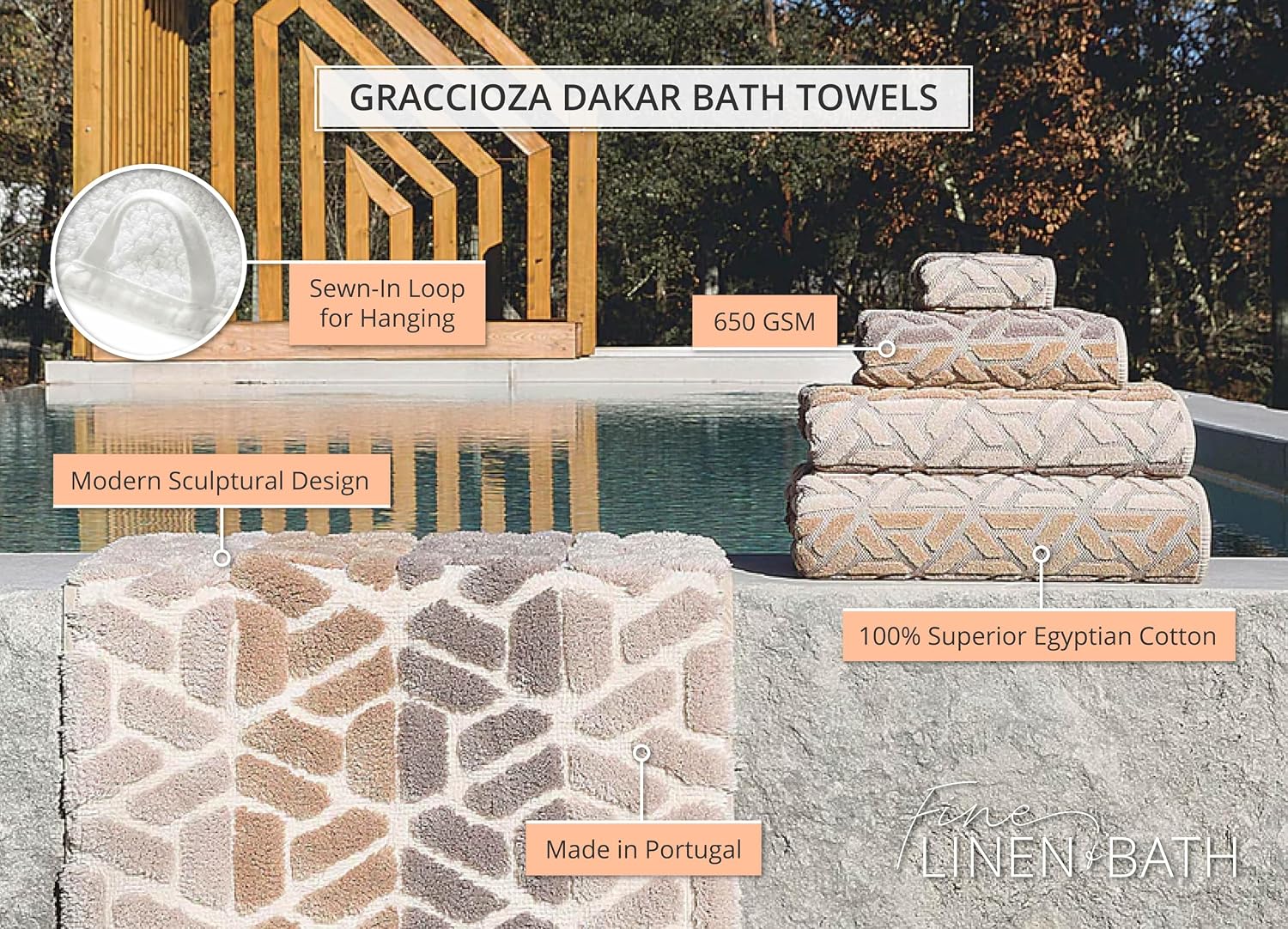 Graccioza Dakar Wash Cloth 12" x 12" - Geometric Sculptured Design in Neutral Earth Tones - Brown, Taupe, and Beige - 100% Cotton Washcloth 650 GSM - Soft Bath and Face Towel - Made in Portugal