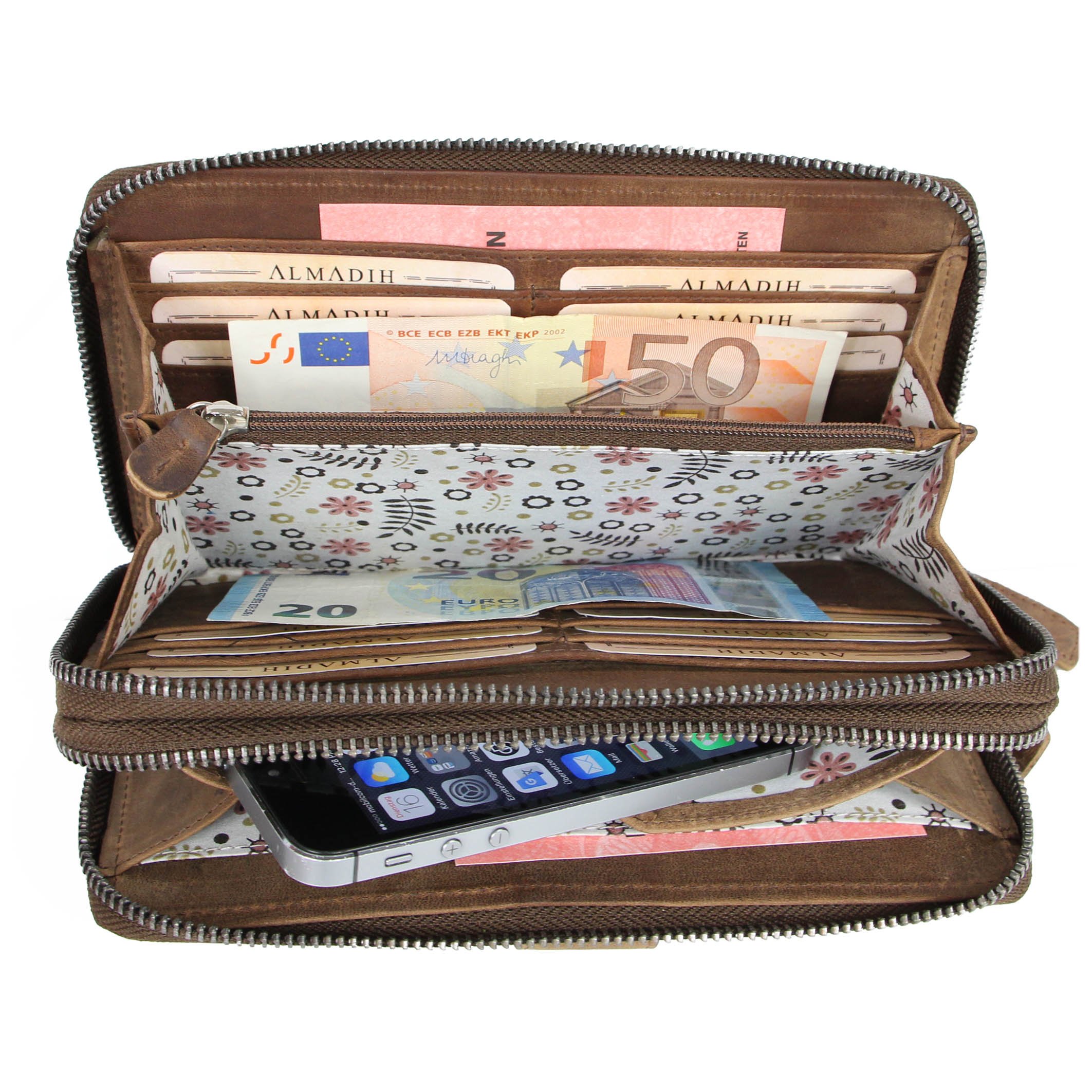 ALMADIH Große Leder Damen Portemonnaie mit Handyfach und Handgelenkschlaufe - Doppelter Reißverschluss, 12 Kartenfächer, RFID Schutz, Münzfach - Geldbeutel Geldbörse Brieftasche braun (Giana Vintage)