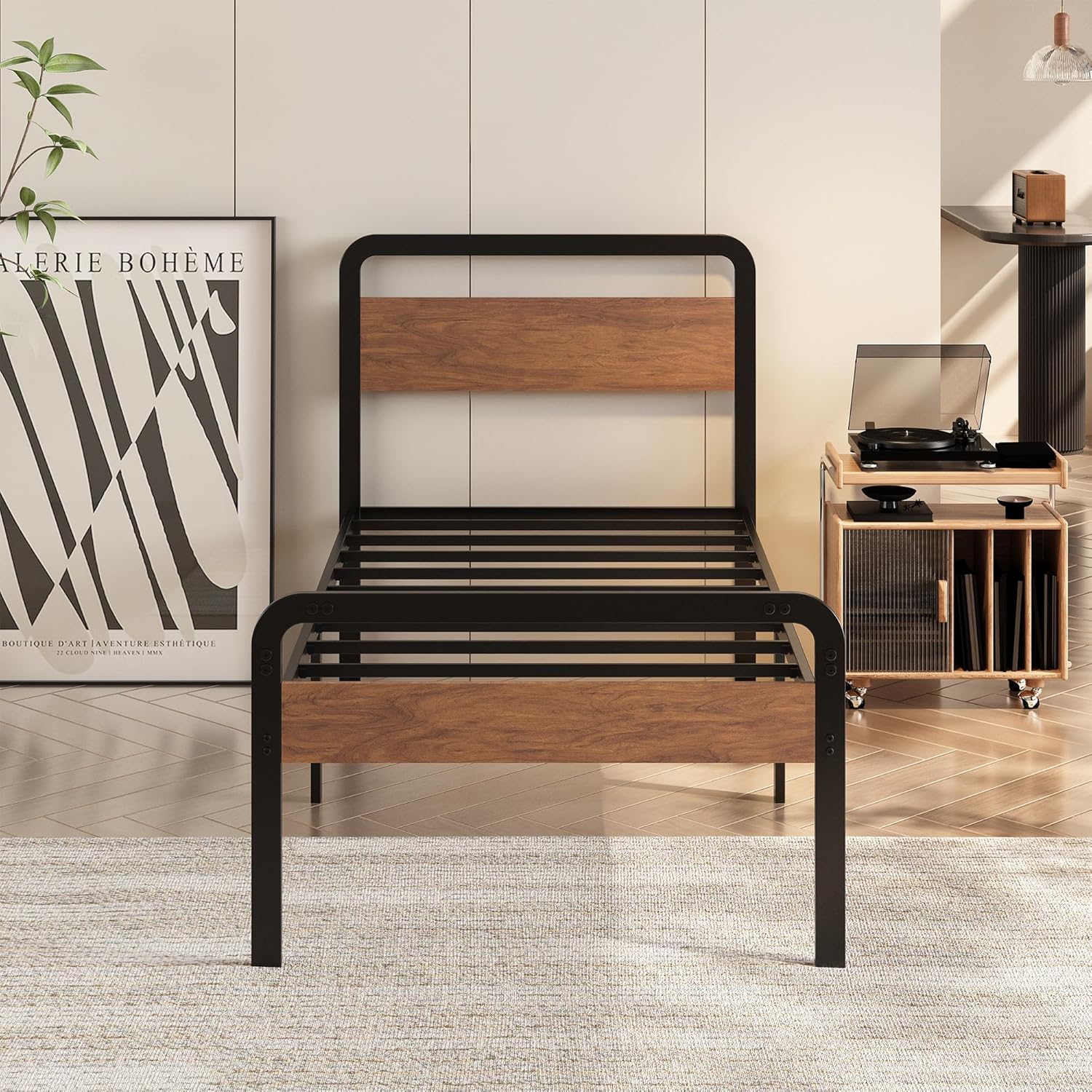 EMODA 16 Inch Twin Size Bed Frames with Wooden Headboard and Footboard, Heavy Duty Metal Slats Support Mattress Foundation, No Box Spring Needed, Easy Assembly - Image 5