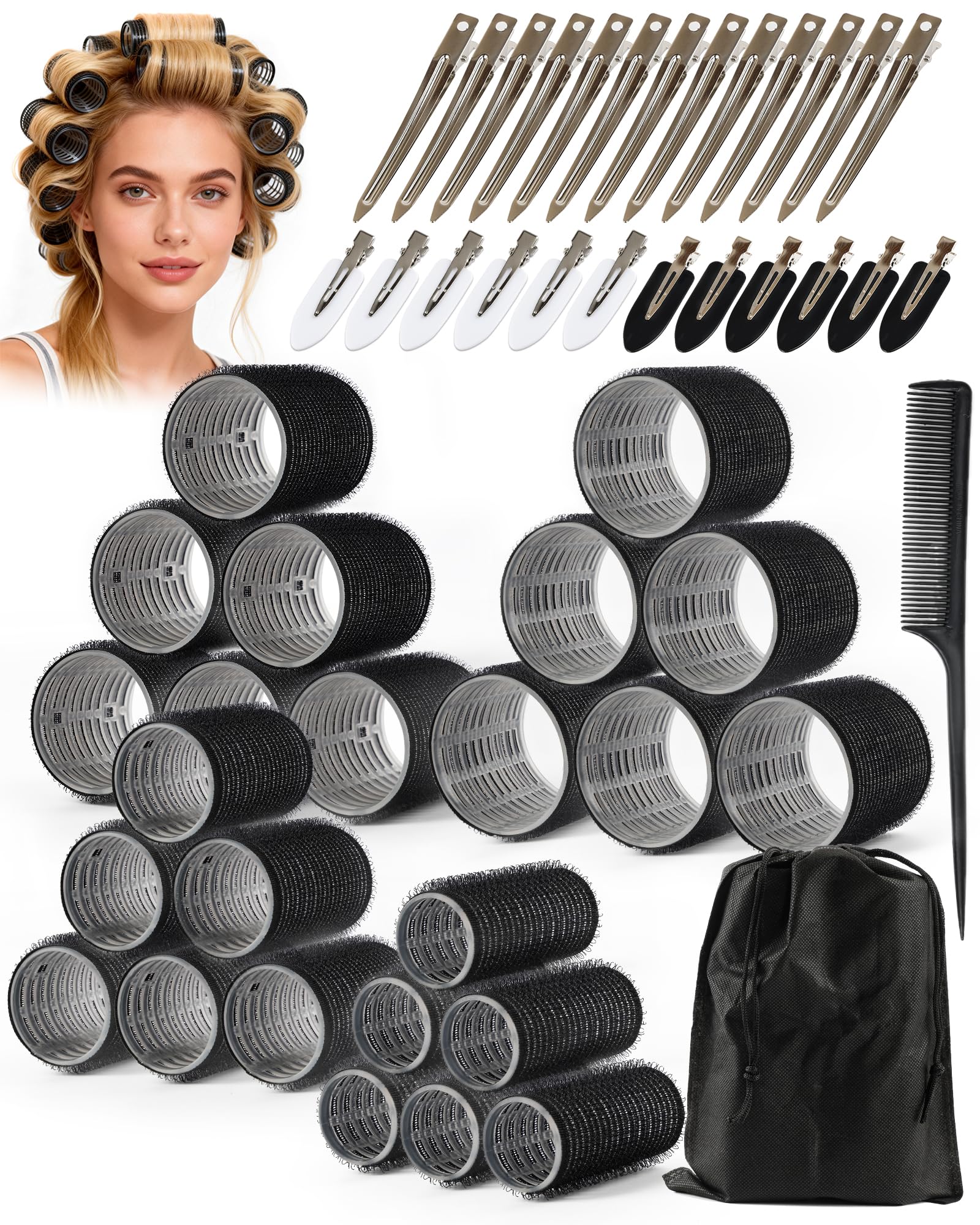 lulir Lockenwickler Set 50 Stück, Selbsthaftend Lockenwickler, Lockenwickler Groß & Klein,4 Größen (25/36/48/60mm) &mit Klammern, Selbsthaftend Hair Rollers für Lange,Mittlere & Kurze Haare(Schwarz)