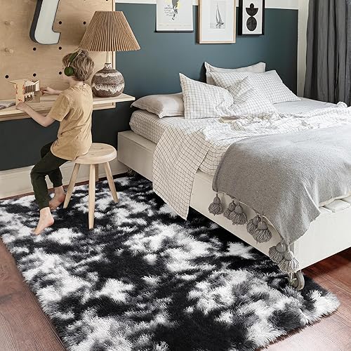 Miniatura 4 de Amdrebio Alfombra de área negra, blanca y gris para dormitorio, alfombra moderna y esponjosa para sala de estar, alfombra de felpa peluda para