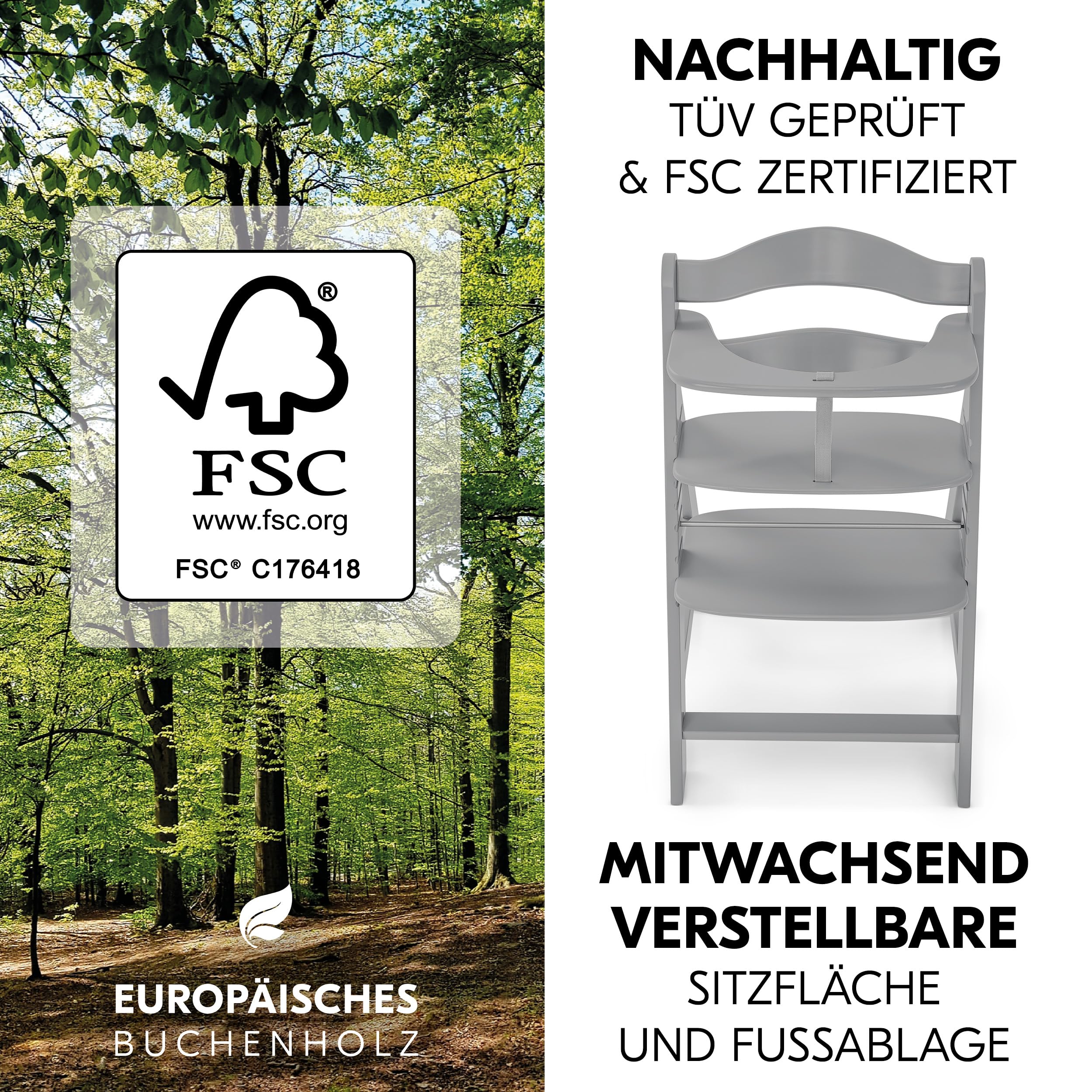 hauck Alpha+ Hochstuhl Newborn Set mit 2in1 Bouncer - Grau | Mitwachsender Holz Kinderhochstuhl ab Geburt bis 90 kg | inkl. Neugeborenenaufsatz & Sitzkissen