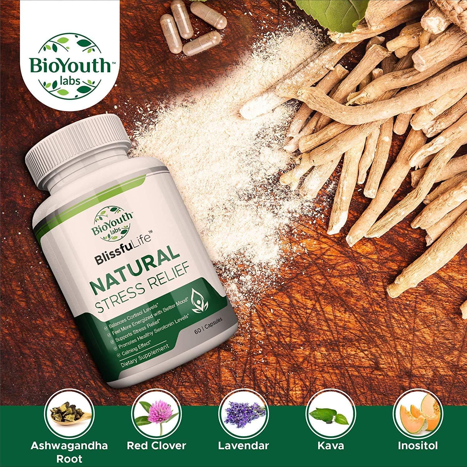 100% Natural Stress Relief Supplement with Ashwagandha, Kava, Lavender, Red Clover, and Inositol – 120 Capsules (2 Bottles) : Health & Household