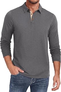 PEGENO Mens Long Sleeve Polo Shirt Classic Golf Button Down Cotton | Lightweight, Breathable, 3 Button Collar, Regular Fit, Work, Basic Solid Color, Fall, Spring, Winter