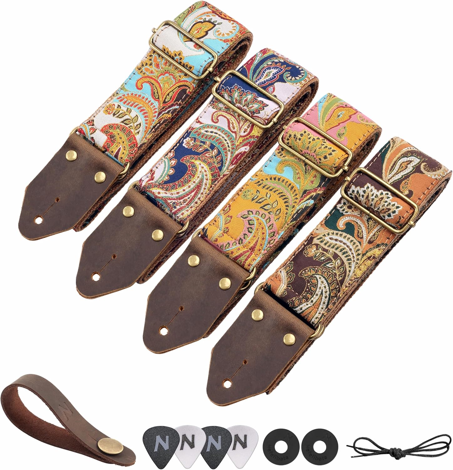 Nefelibata Guitar Strap,Crazy Horse Leather Jacquard Embroidery Cotton Guitar Straps for Bass, Electric & Acoustic, Best Gifts for Guitarists(Golden Silk Brown Flower)