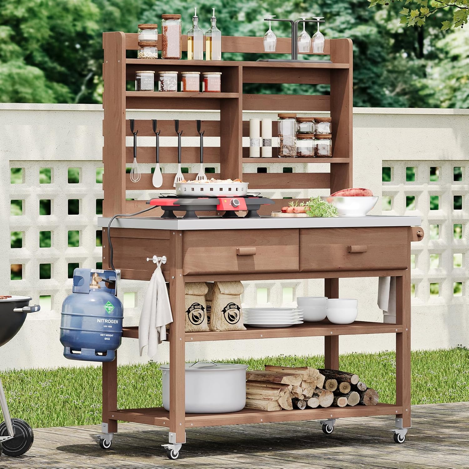 65" H Outdoor Potting Bench Table with Lockable Wheels, Wood Large Outdoor Kitchen Island Prep Station with Stainless Steel Top Waterproof Cover & Towel Rack for Outside Garden, Patio
