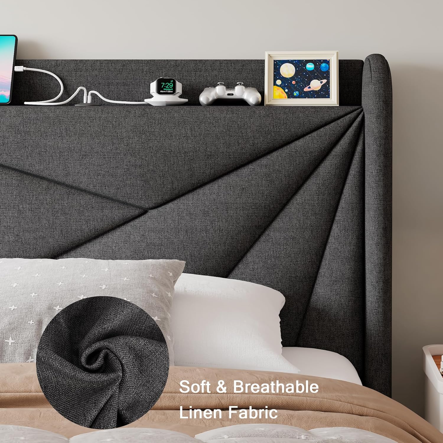 Twin Size Upholstered Bed Frame with Charging Station, Platform Bed Frame with Storage Headboard, Solid Wood Slats Support, No Box Spring Needed, Dark Gray