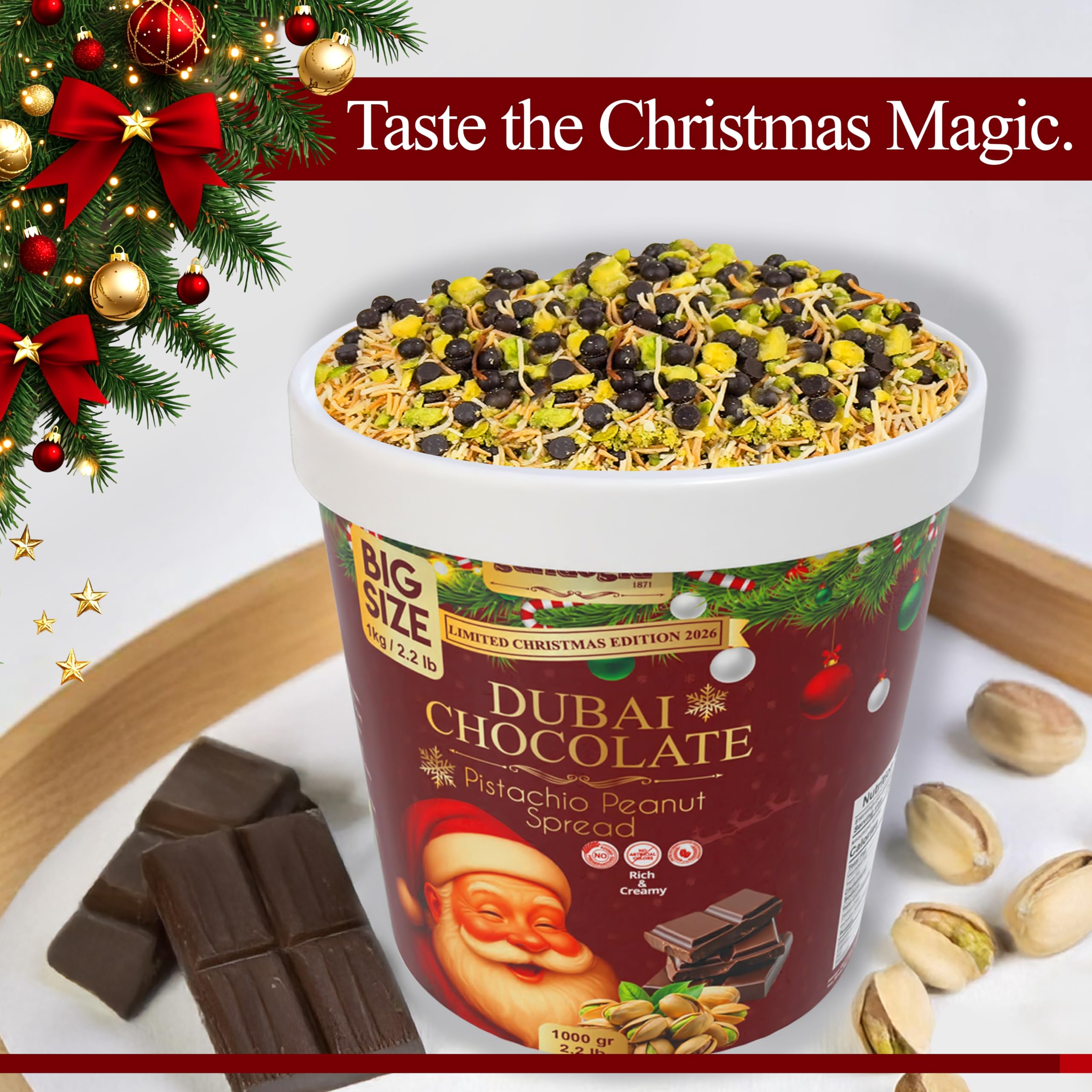 Gulluoglu Christmas Edition – Dubai Chocolate Pistachio Peanut Spread in Festive Holiday Jar | Limited Seasonal Gourmet Halal Dessert –: 2.2 lb / 1000 gr