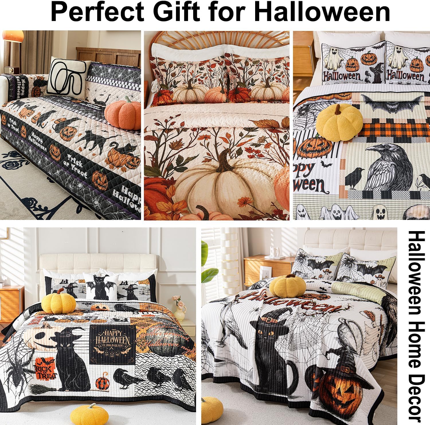 Cmfshape Halloween Quilt Set Bedspread Set,3 Piece Halloween Black Cat Pumpkin Spider Skull Themed Bedding Set King Size,Reversible Coverlet Set with 2 Pillow Shams (King 104"x90")