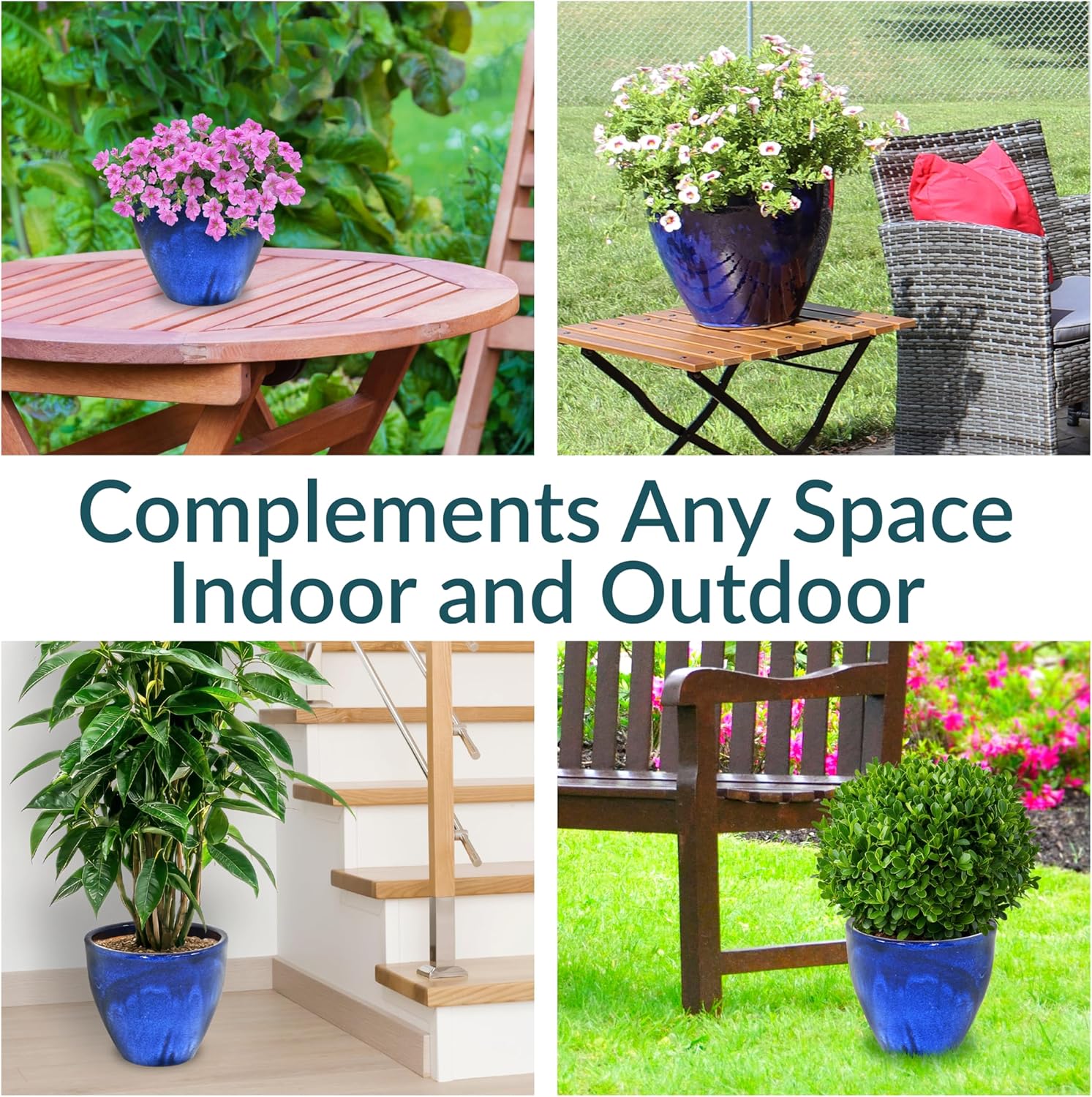 Sunnydaze Large Ceramic Plant Pot - Round Outdoor Glazed Ceramic Planter Pot with Drainage - Resort - Imperial Blue - 13.5"