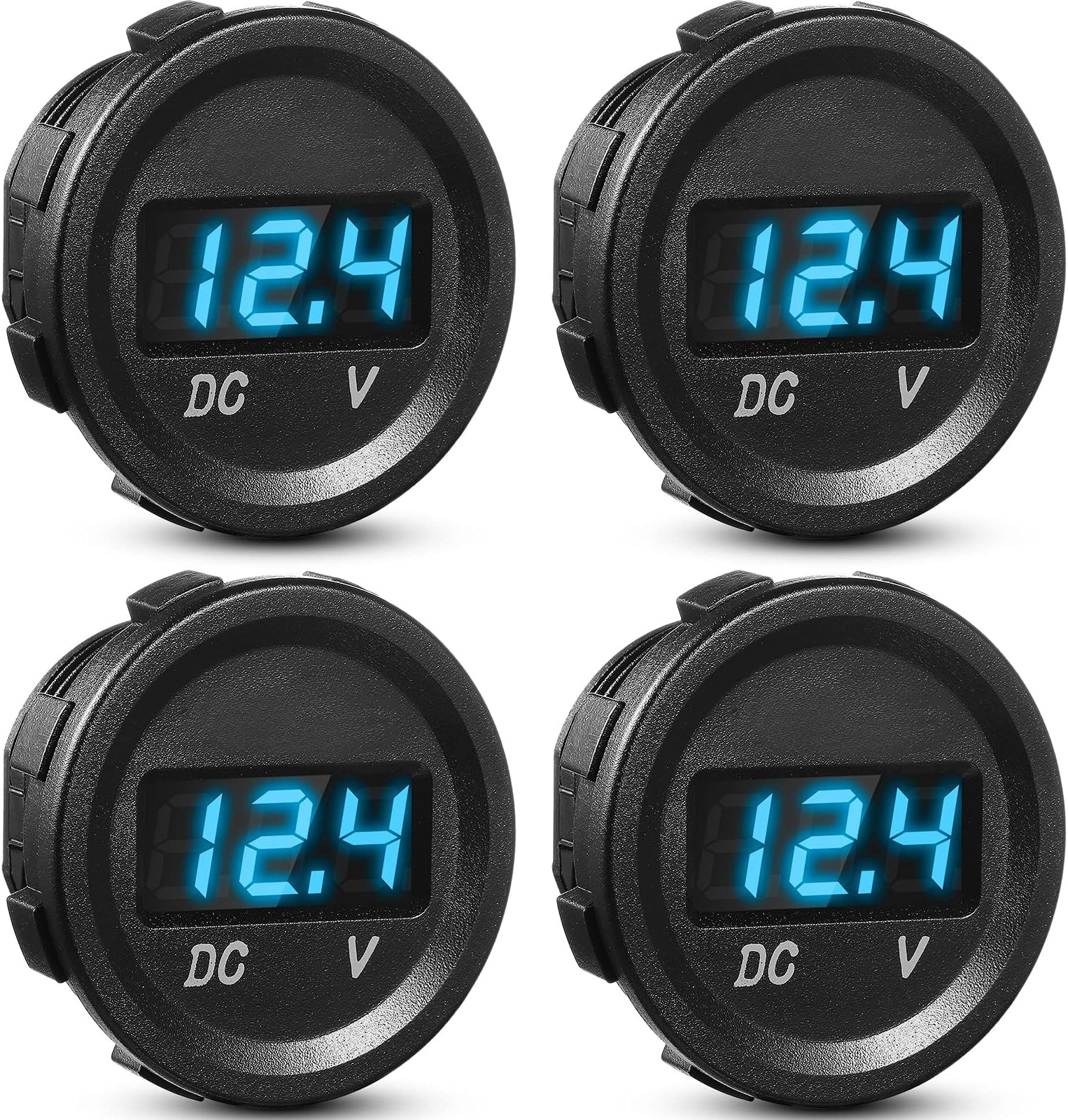 Frienda 4 Pieces DC 12V Car Voltage Gauge LED Display Waterproof Voltmeter Digital Round Panel Voltmeter Compatible with Vehicle Motorcycle Truck Camper Caravan ATV UTV Car Boat (Blue)