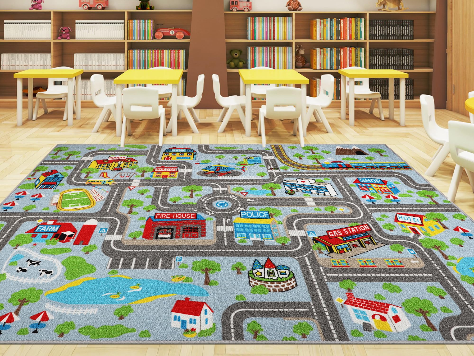 Capslpad Kinder Teppiche Spielteppich für Kinder Stadt 200x300cm rutschfest Kinderteppich Spielmatte Maschinenwaschbar Kurzflor Pädagogischer Spielteppich für Kinderzimmer Spielzimmer Dekor, Hellblau