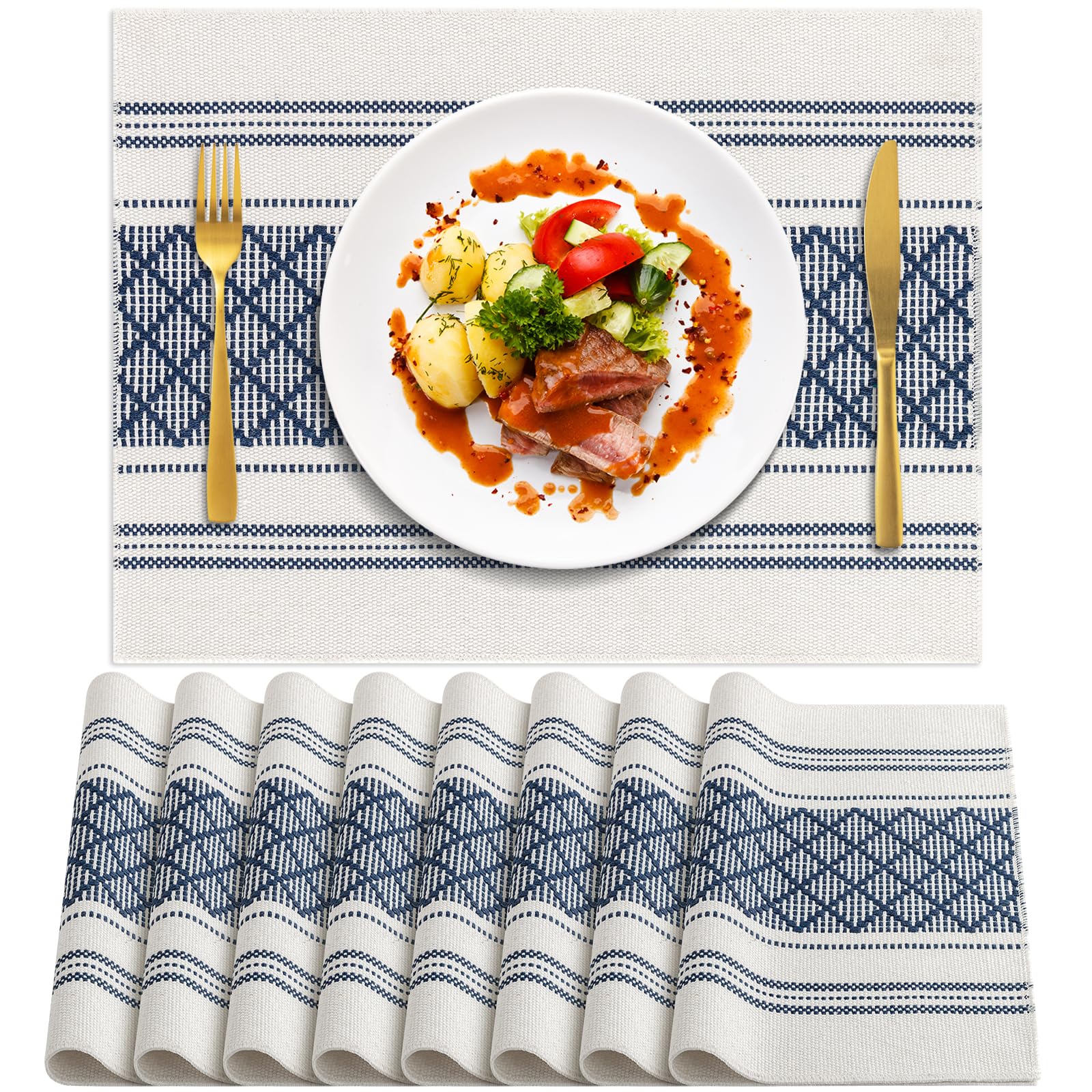 BIPASION Placemats, Cotton Placemats Set of 8 Rustic Thick Turkish Table Mats Washable Place Mat for Dining Table Set of 6, 14 x 18 Inch, Blue and White