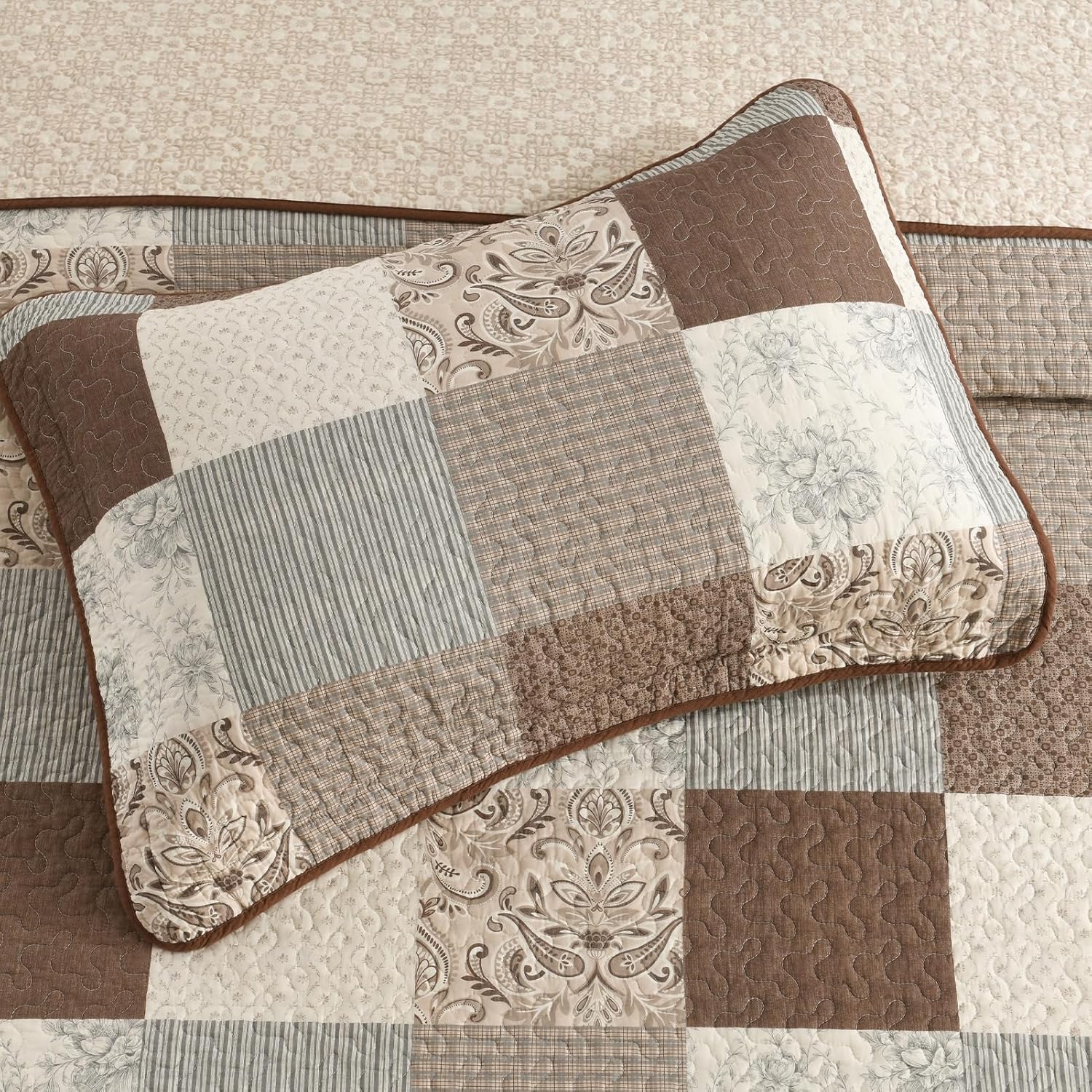 SahSahCasa 100% Cotton 120"x102" Oversized Queen Bedspread Coverlet Quilt Set, Plaid Paisley Floral Extra Large Reversible XL Bed Spread Lightweight Comforter, Brown/Beige/Gray - Image 4