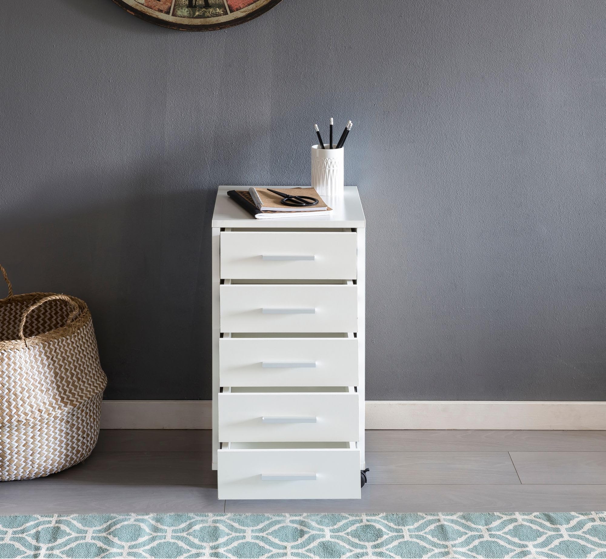FineBuy Rollcontainer Weiß 33 x 63 x 38 cm Holz Schubladenschrank Schreibtisch, Büro Schrank mit 5 Schubladen, Container Rollschrank klein Standcontainer schmal, Schreibtischcontainer mit Rollen