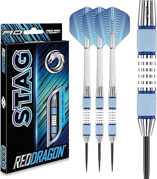 RED DRAGON Stag Steel Tip Darts Set - 85% Tungsten Darts with Precision Grip Barrels, Flights & Shafts - Available in Weights from 24g to 30g