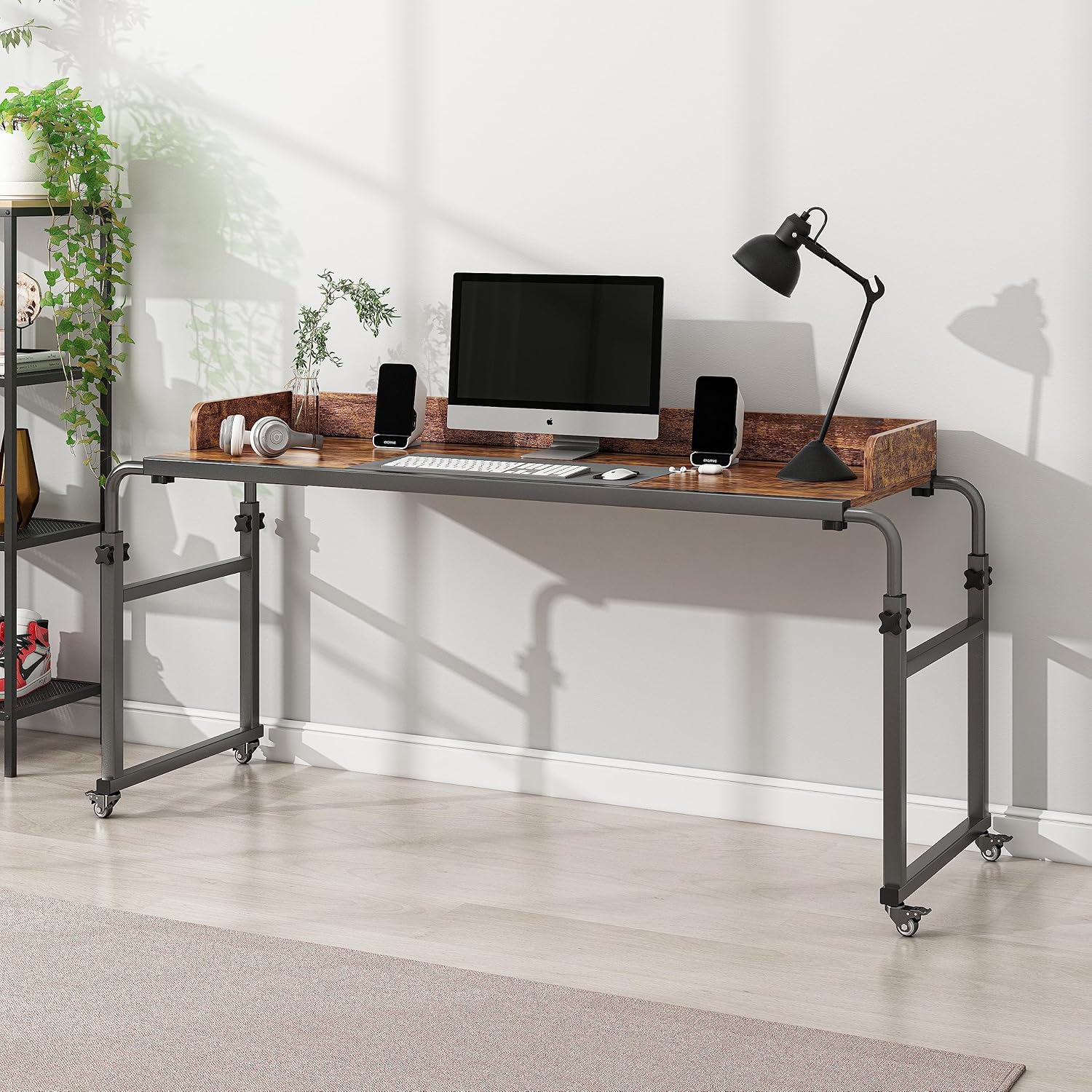 Furist Overbed Table with 360° Wheels, Queen Size Mobile Bed Desk, Recliner Table Over Bed Table Adjustable Height and Length Overbed Table with Heavy Duty Metal Leg for Hospital and Home use