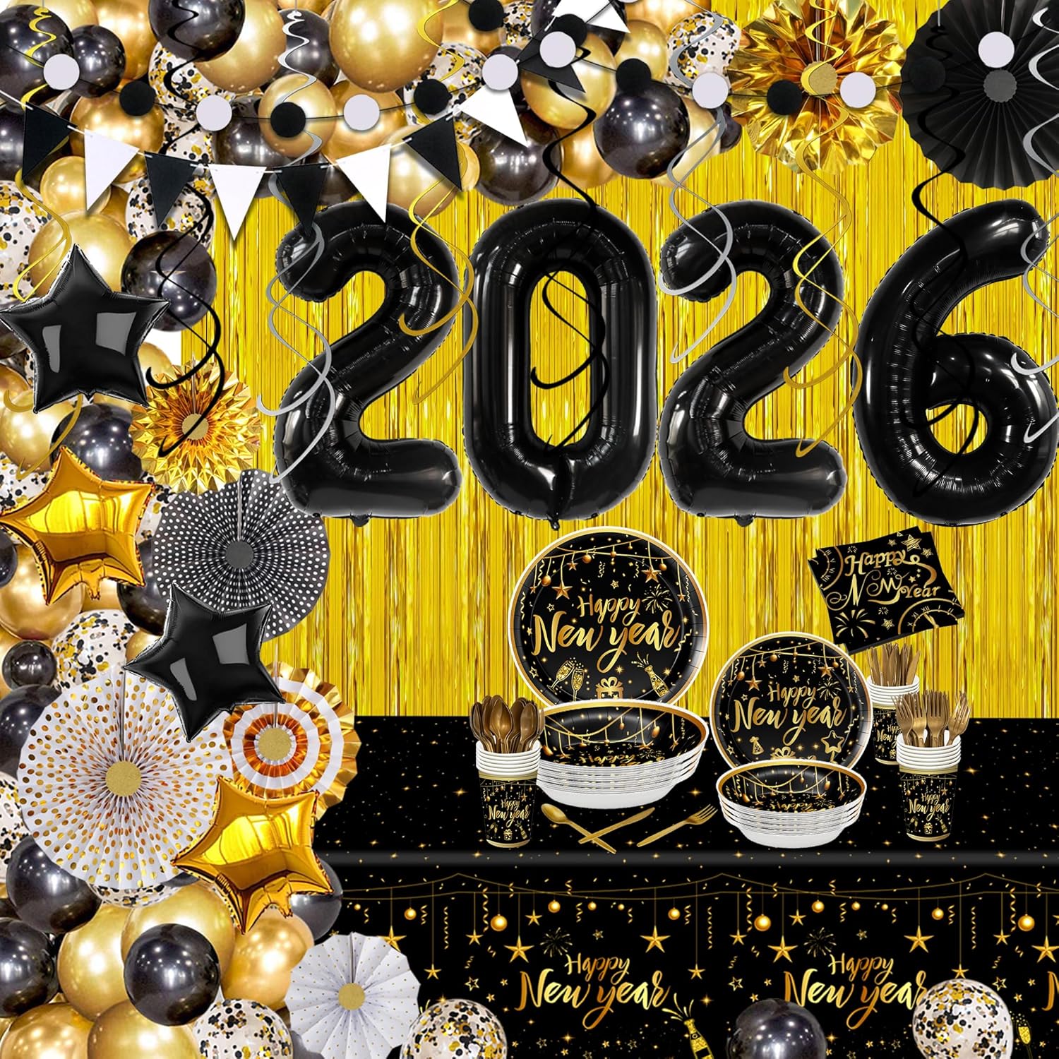 KatchOn, New Years Eve Party Supplies 2026 Set – Pack of 115, Serves 25 Guests | Black And Gold Tableware with 2026 Balloon Arch Kit, Fringe Backdrop for New Years Party Decorations | NYE Decorations